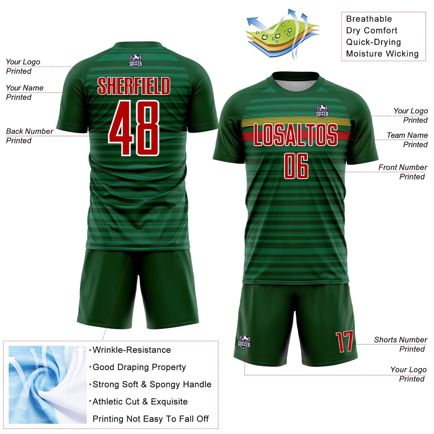 Custom Green Red Yellow-White Colombia Horizontal Stripes Geometric Aztec Tribal Pattern Sublimation Soccer Uniform Jersey view 4