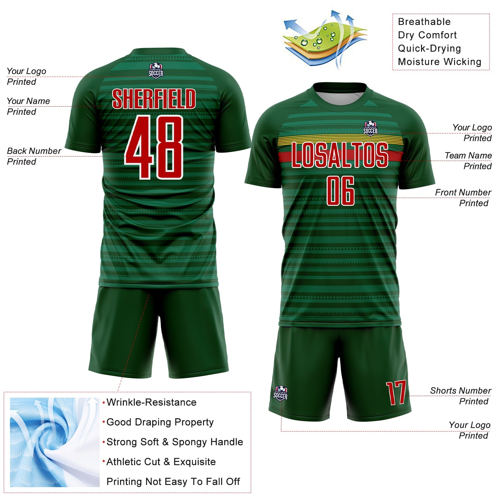 Custom Green Red Yellow-White Colombia Horizontal Stripes Geometric Aztec Tribal Pattern Sublimation Soccer Uniform Jersey view 4