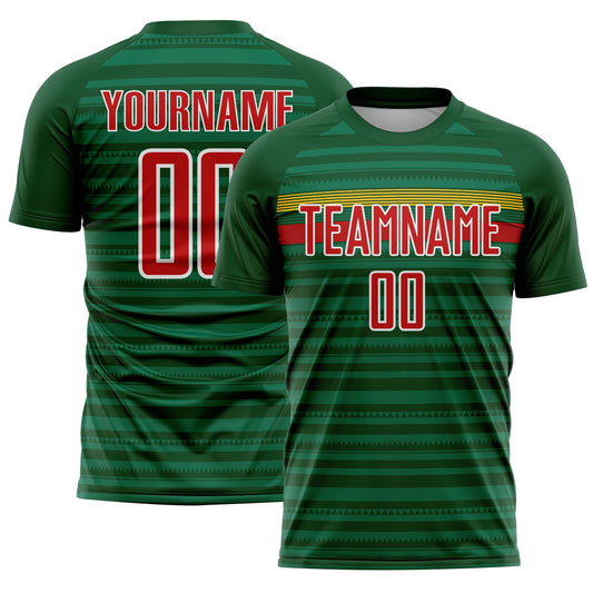 Custom Green Red Yellow-White Colombia Horizontal Stripes Geometric Aztec Tribal Pattern Sublimation Soccer Uniform Jersey - Main View