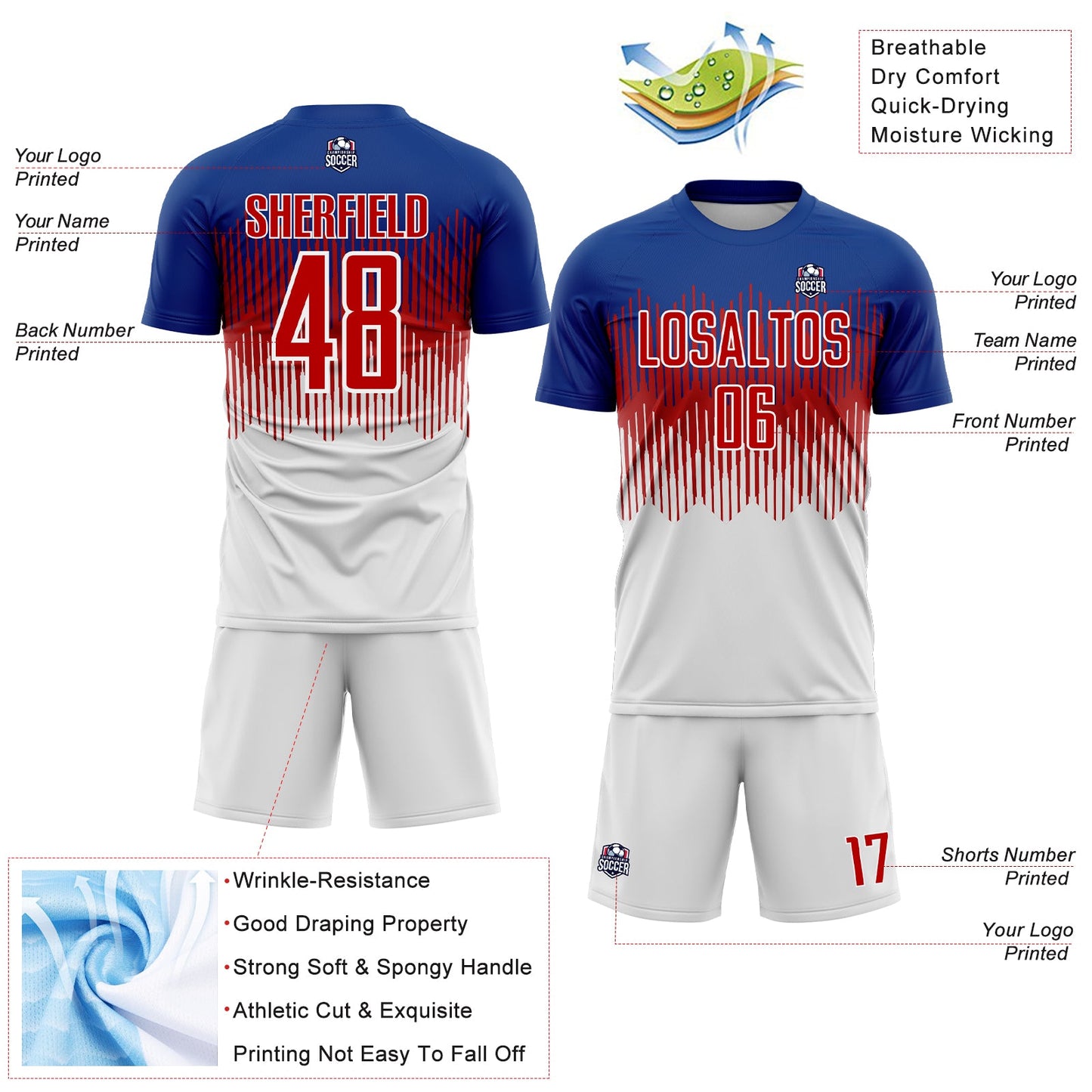Custom Royal Red-White Colombia Gradient Lines Sublimation Soccer Uniform Jersey view 4