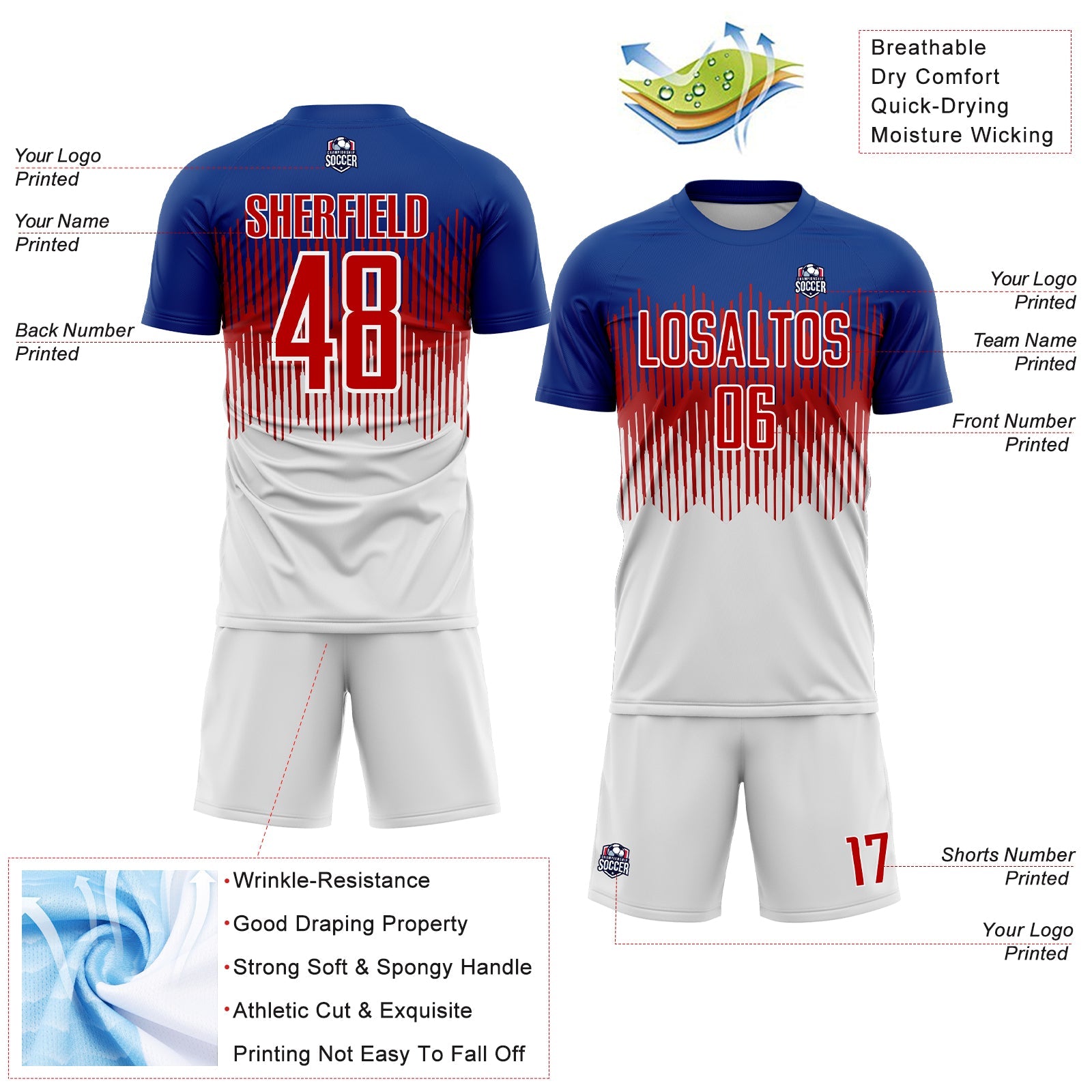 Custom Royal Red-White Colombia Gradient Lines Sublimation Soccer Uniform Jersey view 4