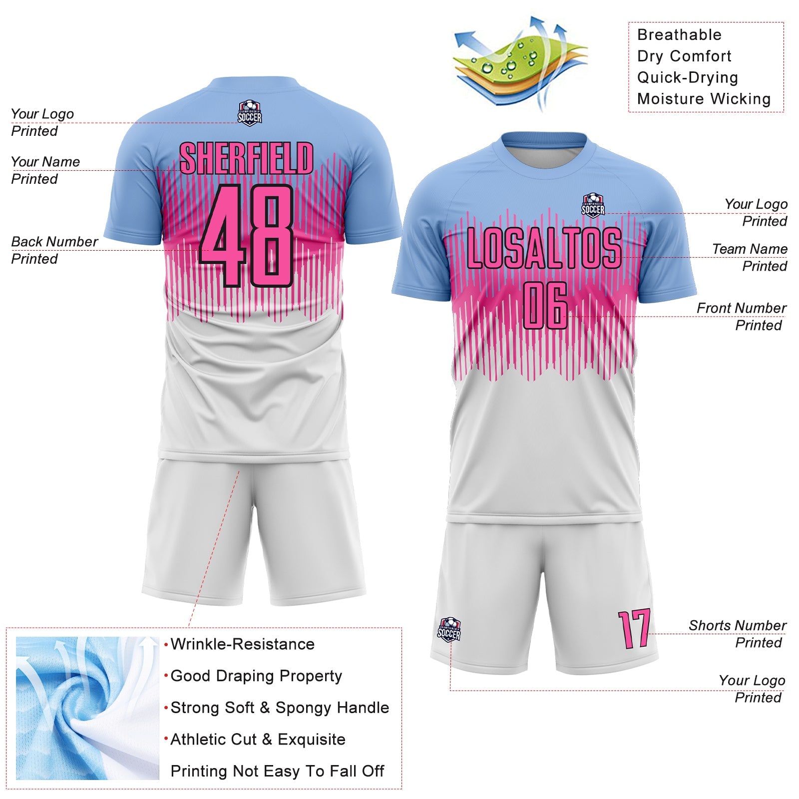 Custom Light Blue Pink Black-White Colombia Gradient Lines Sublimation Soccer Uniform Jersey view 4