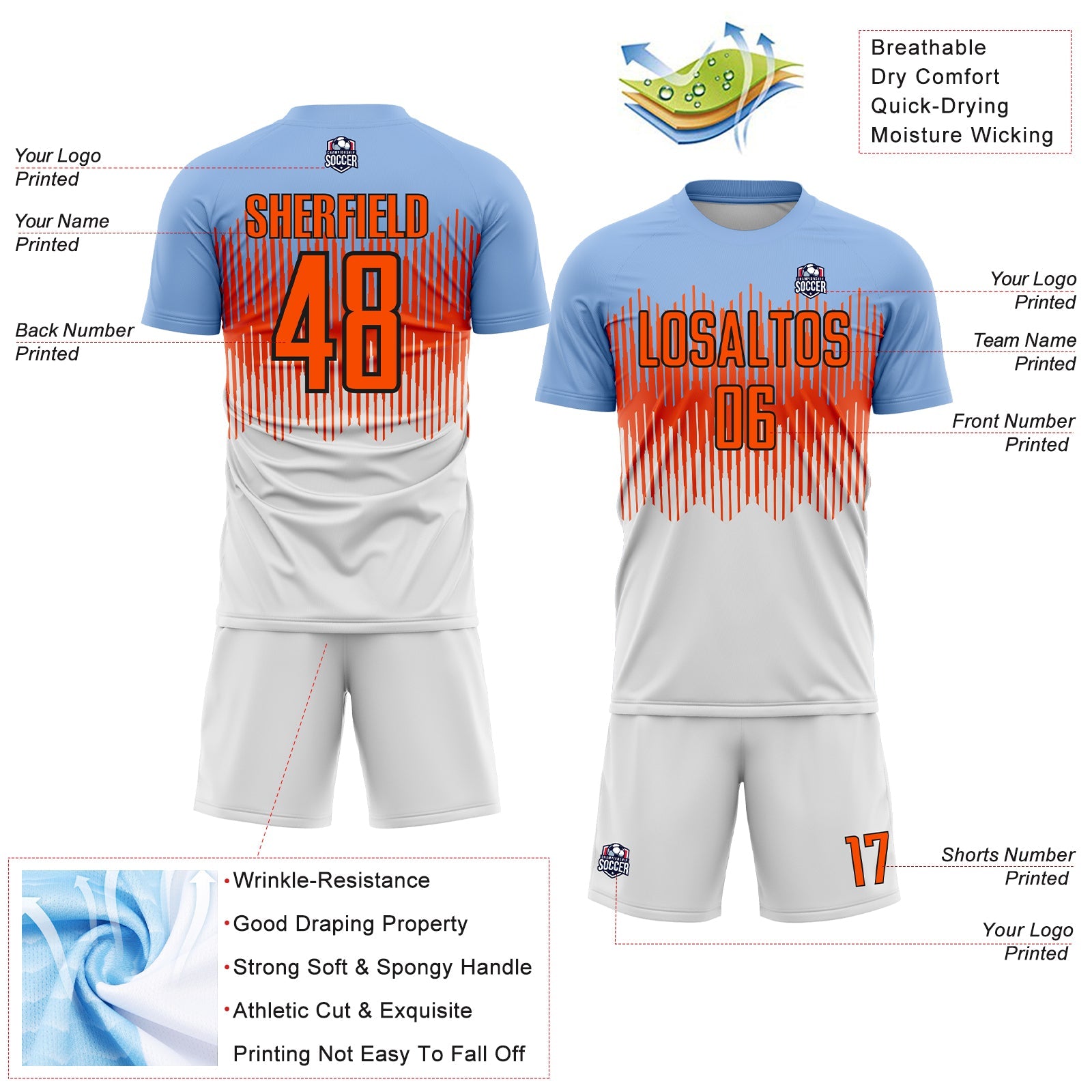 Custom Light Blue Orange Black-White Colombia Gradient Lines Sublimation Soccer Uniform Jersey view 4
