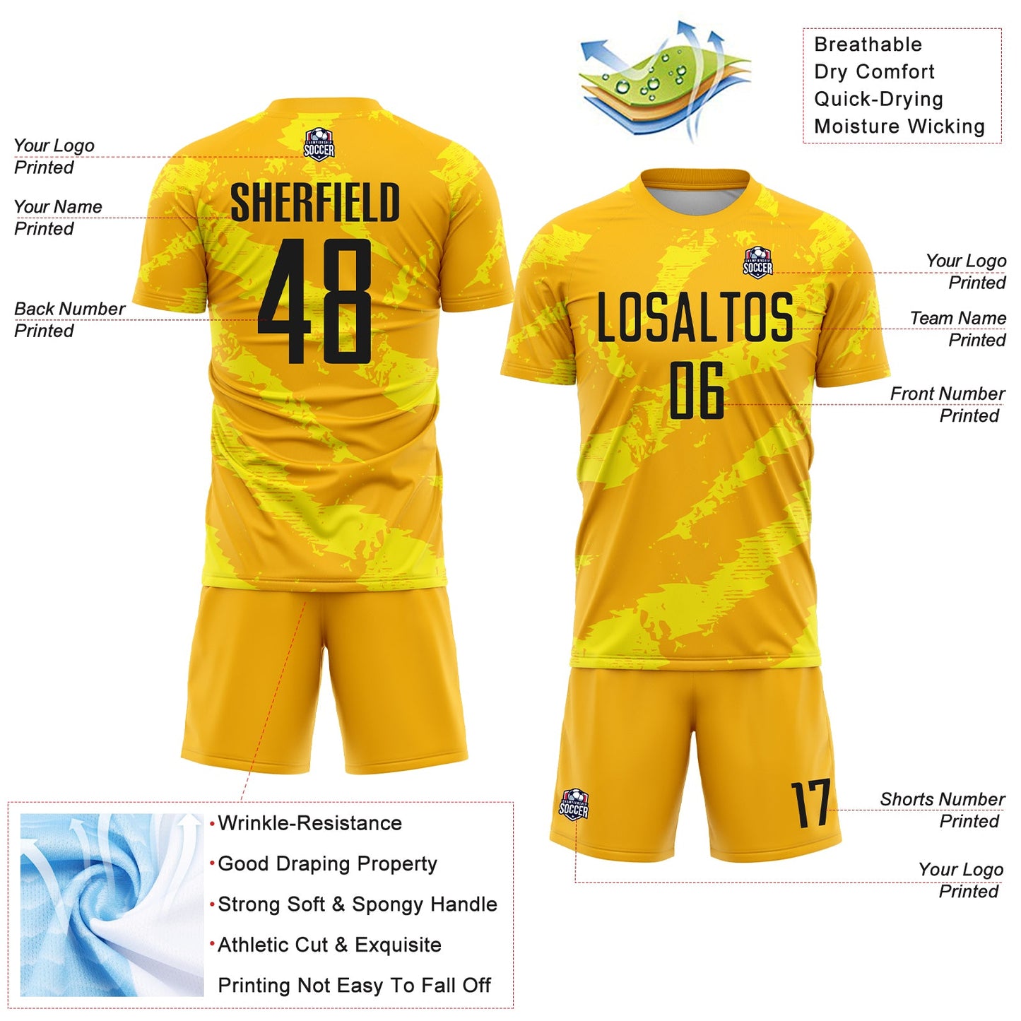 Custom Gold Black-Light Yellow Colombia Brush Stroke Sublimation Soccer Uniform Jersey view 4