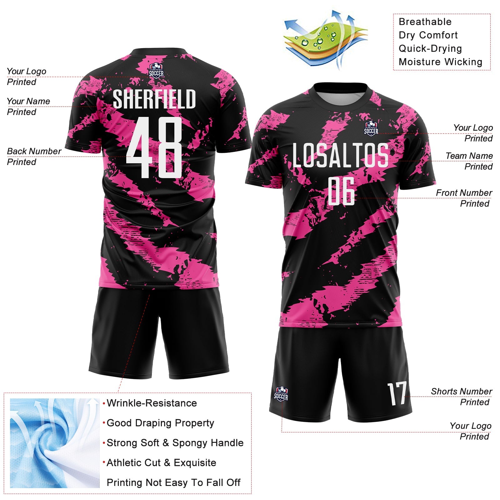 Custom Black White-Pink Colombia Brush Stroke Sublimation Soccer Uniform Jersey view 4