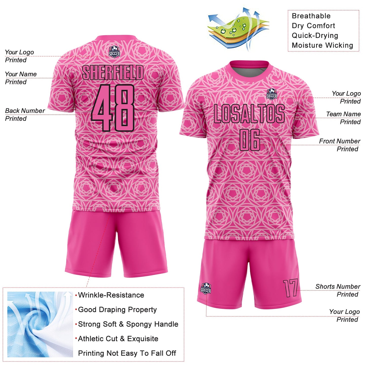 Custom Light Pink Pink-Black Colombia Geometric Interlocking Pattern Sublimation Soccer Uniform Jersey view 4