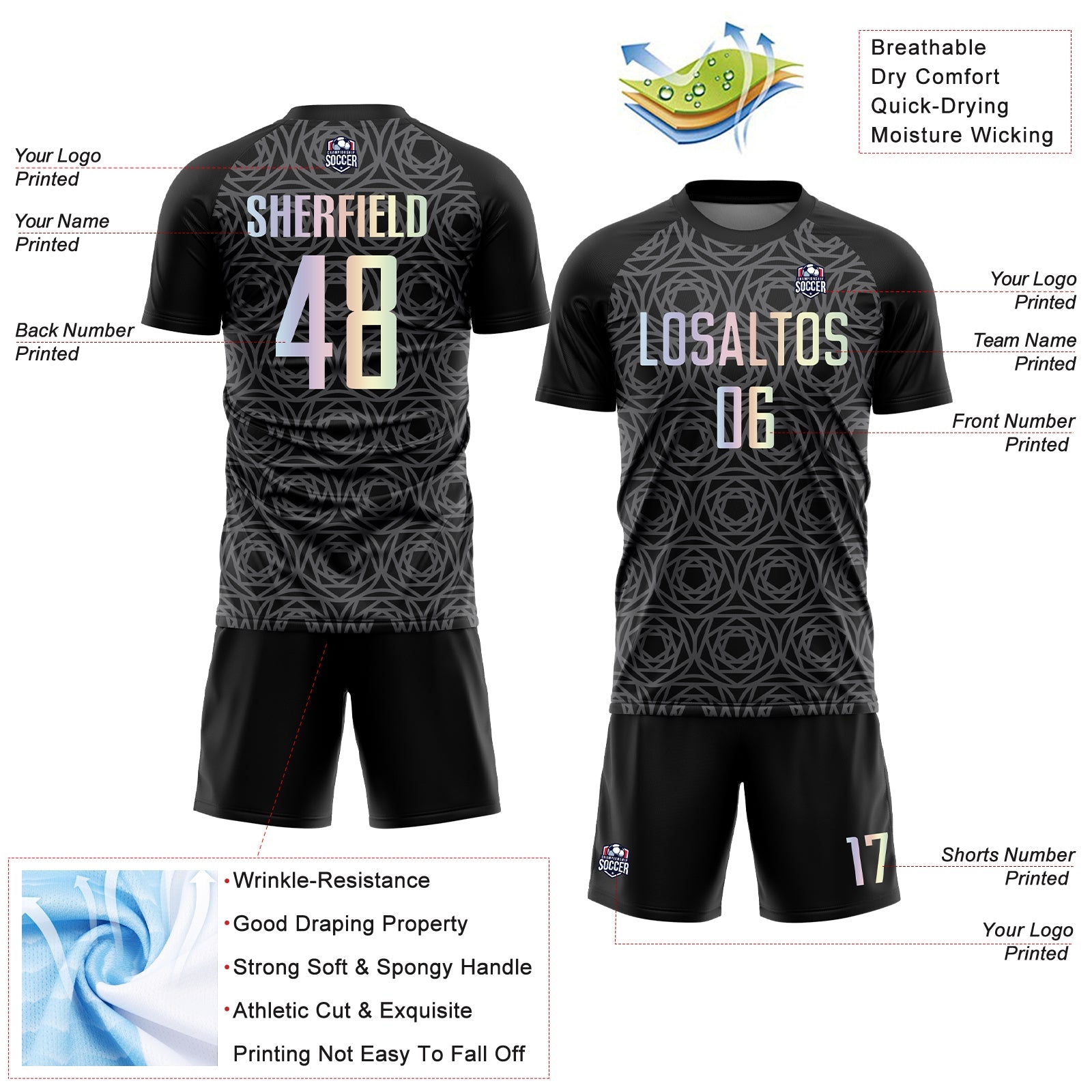 Custom Black Gradient-Steel Gray Colombia Geometric Interlocking Pattern Sublimation Soccer Uniform Jersey view 4