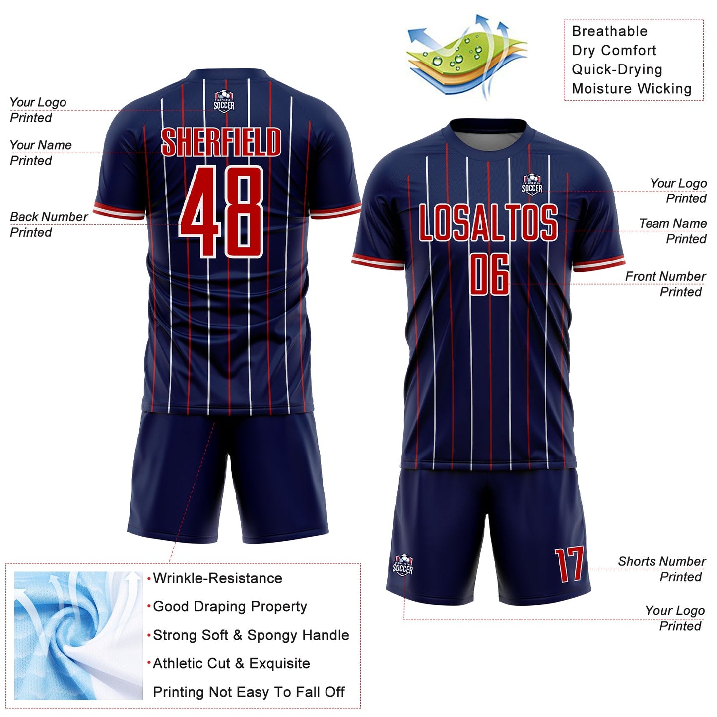 Custom Navy Red-White France Vertical Pinstripe Sublimation Soccer Uniform Jersey view 4