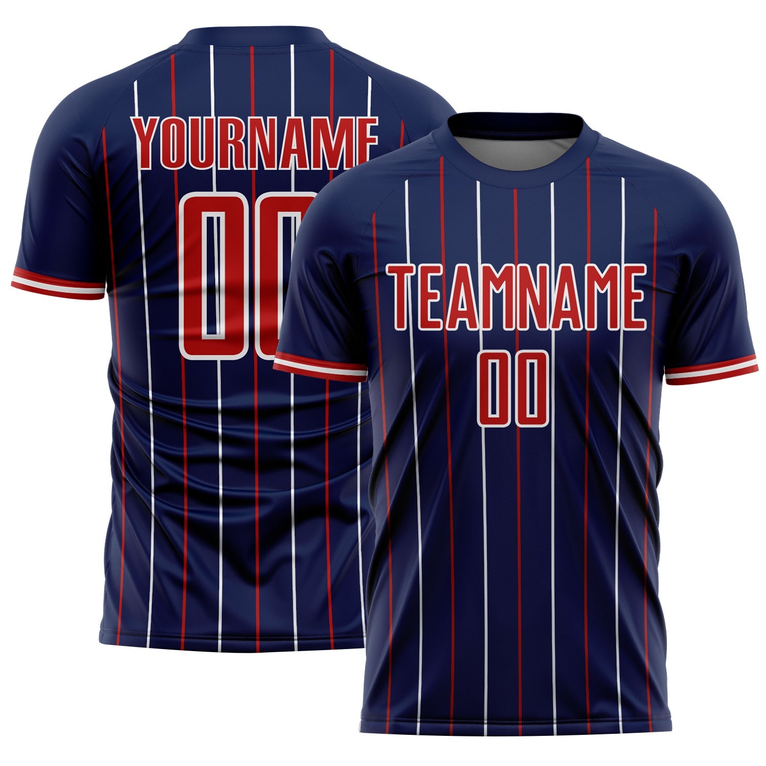 Custom Navy Red-White France Vertical Pinstripe Sublimation Soccer Uniform Jersey - Main View