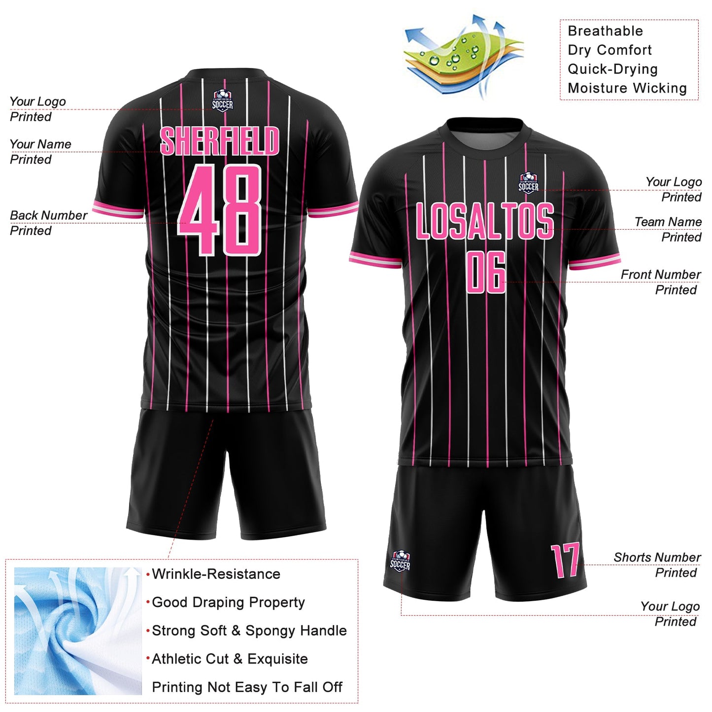 Custom Black Pink-White France Vertical Pinstripe Sublimation Soccer Uniform Jersey view 4