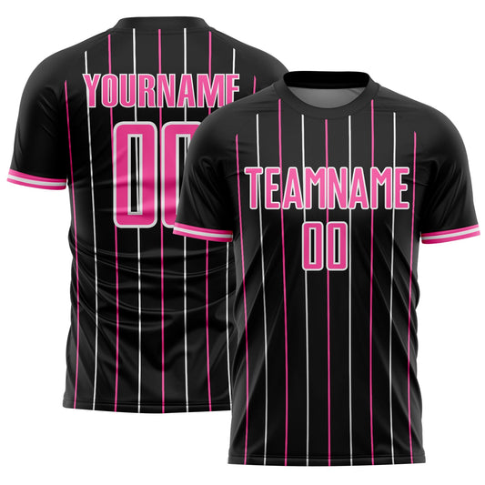 Custom Black Pink-White France Vertical Pinstripe Sublimation Soccer Uniform Jersey - Main View
