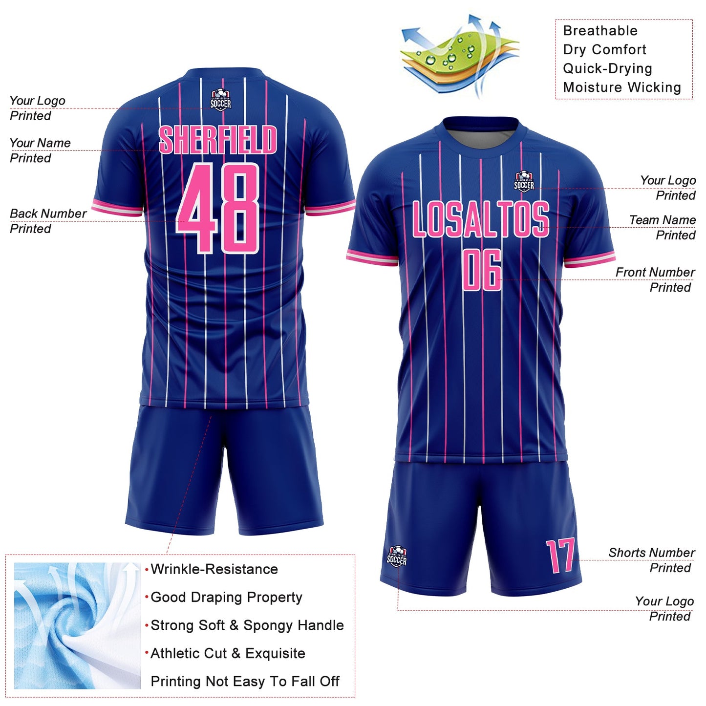 Custom Royal Pink-White France Vertical Pinstripe Sublimation Soccer Uniform Jersey view 4