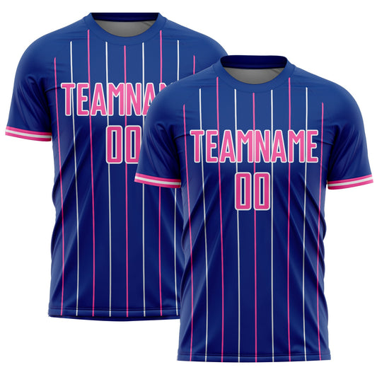 Custom Royal Pink-White France Vertical Pinstripe Sublimation Soccer Uniform Jersey - Main View