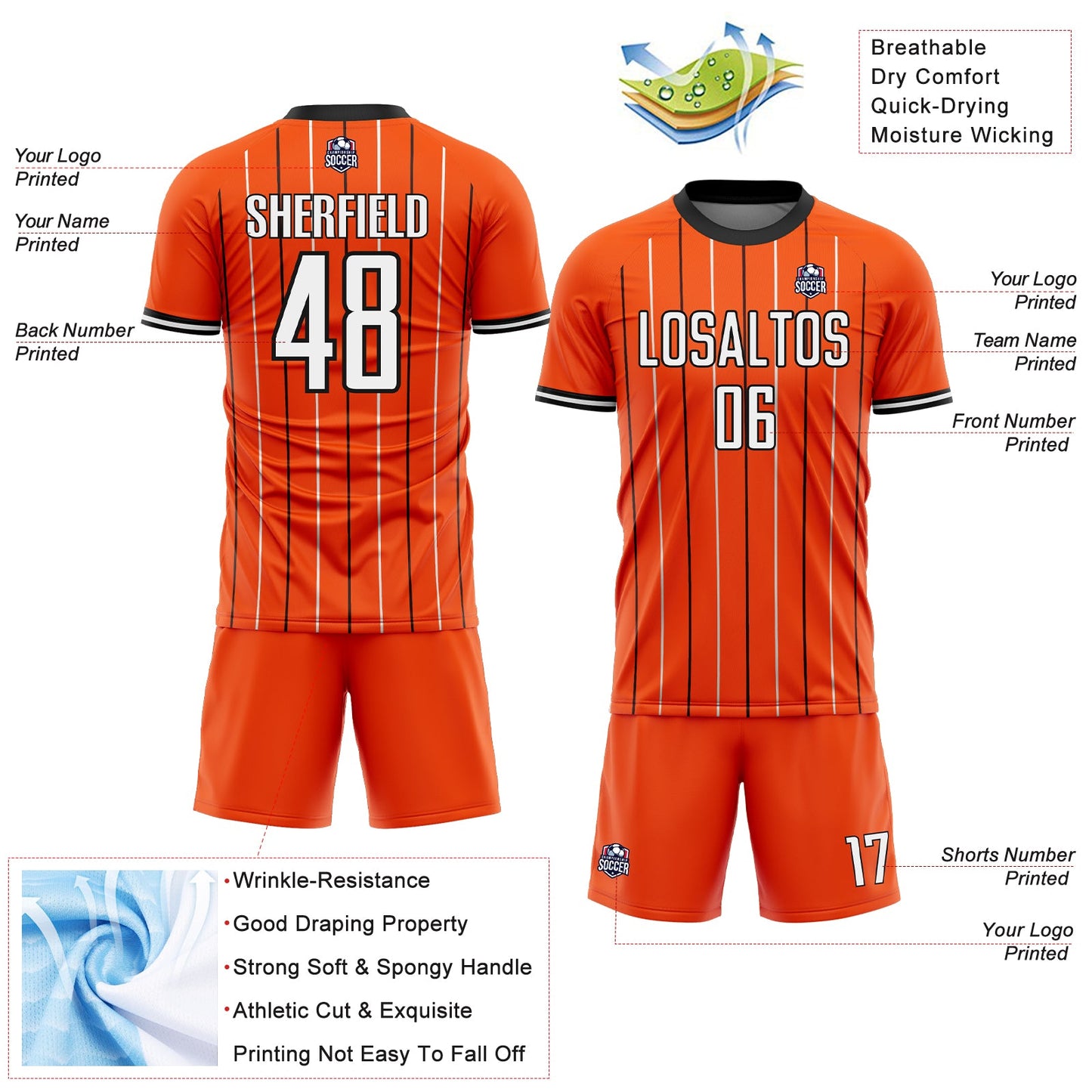 Custom Orange White-Black France Vertical Pinstripe Sublimation Soccer Uniform Jersey view 4