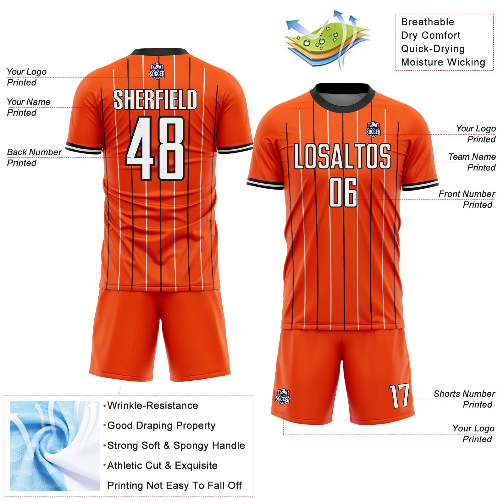 Custom Orange White-Black France Vertical Pinstripe Sublimation Soccer Uniform Jersey view 4