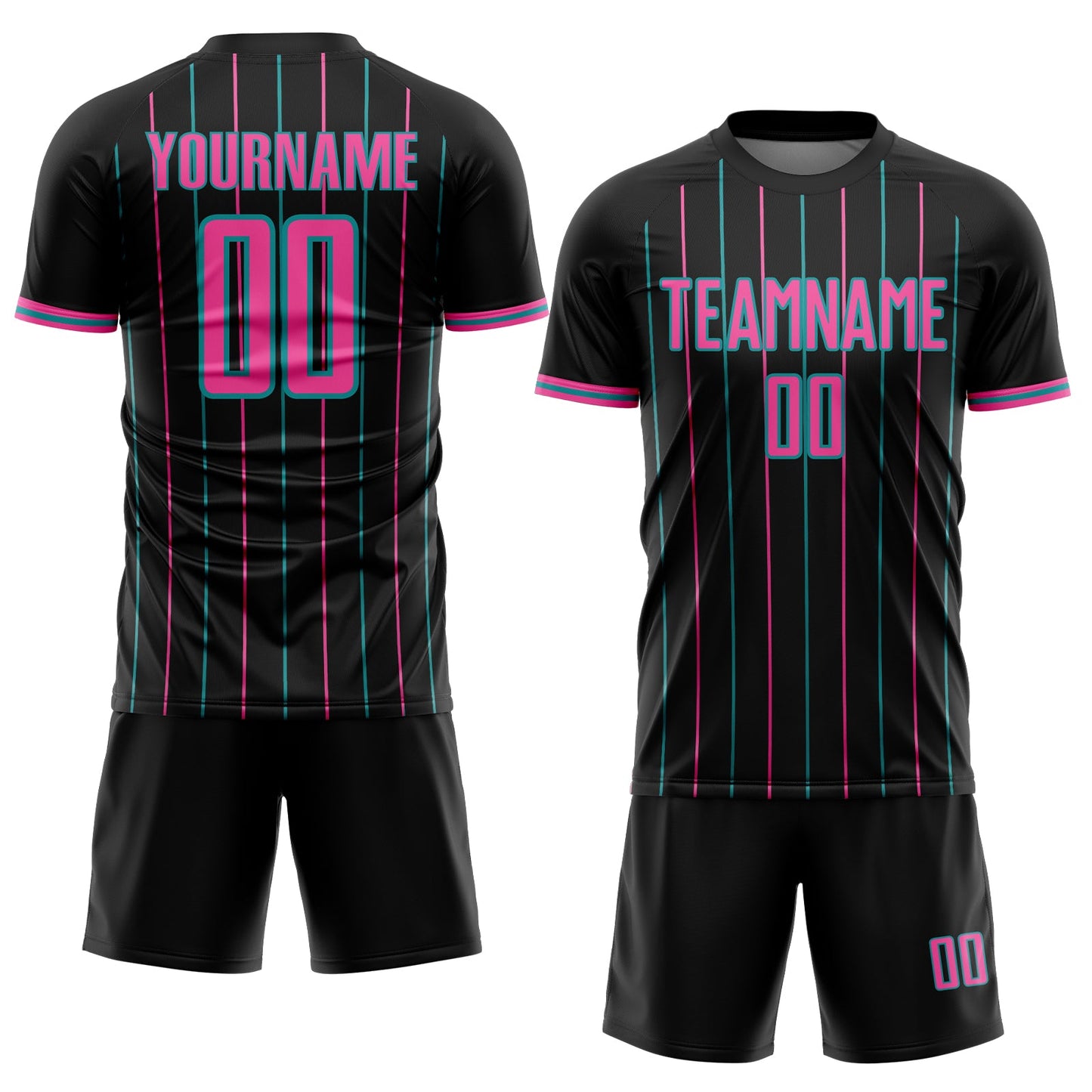 Custom Black Pink-Teal France Vertical Pinstripe Sublimation Soccer Uniform Jersey view 2