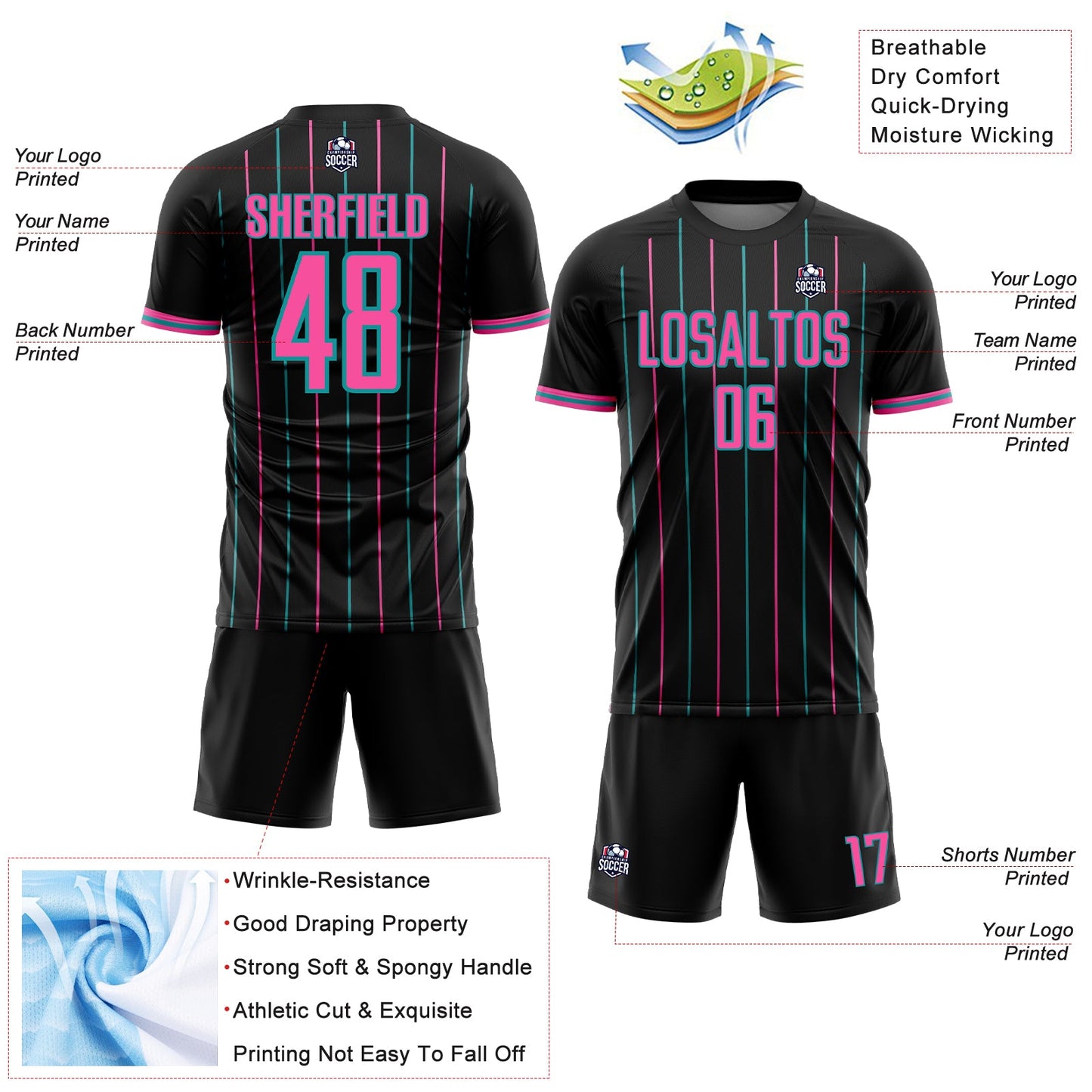 Custom Black Pink-Teal France Vertical Pinstripe Sublimation Soccer Uniform Jersey view 4
