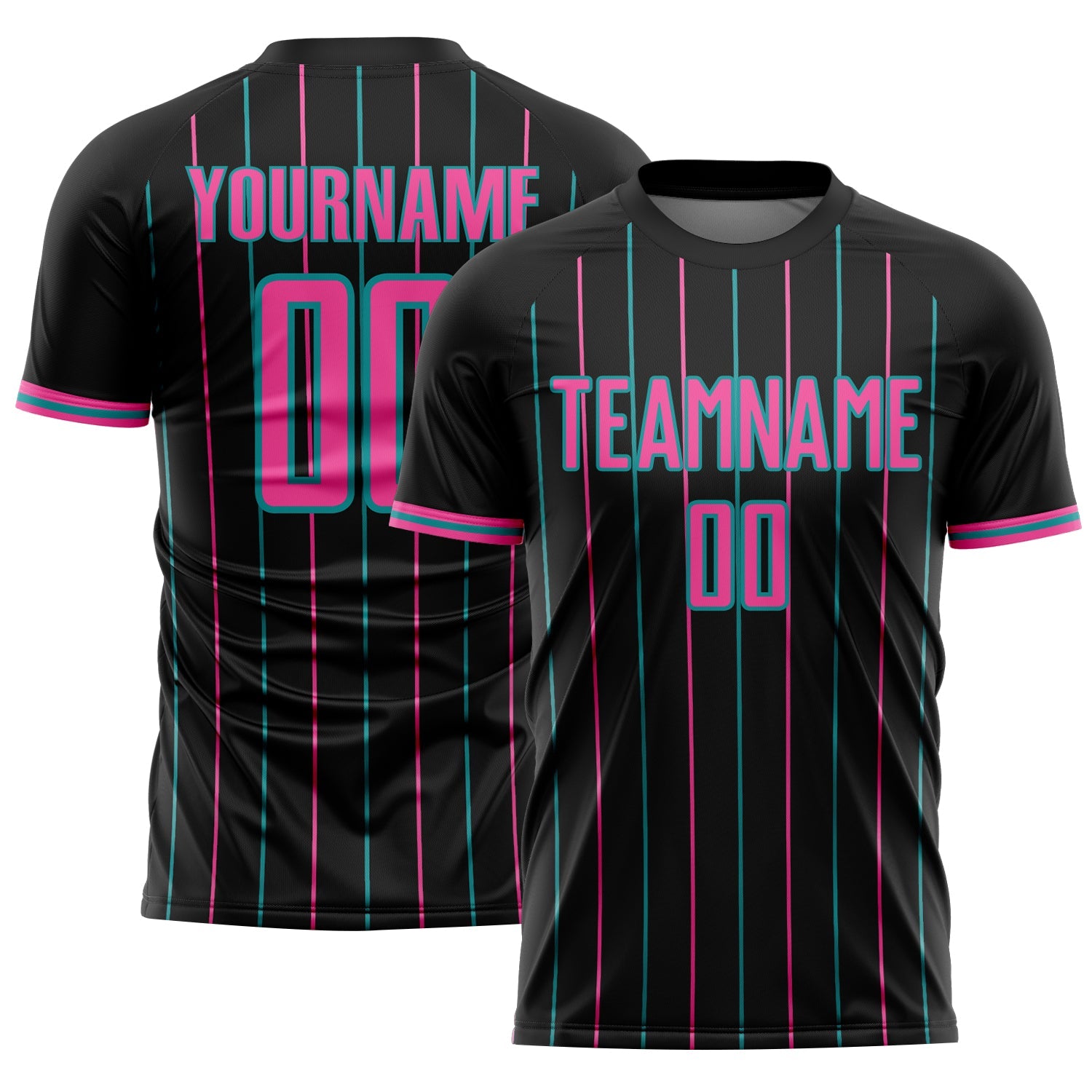 Custom Black Pink-Teal France Vertical Pinstripe Sublimation Soccer Uniform Jersey - Main View