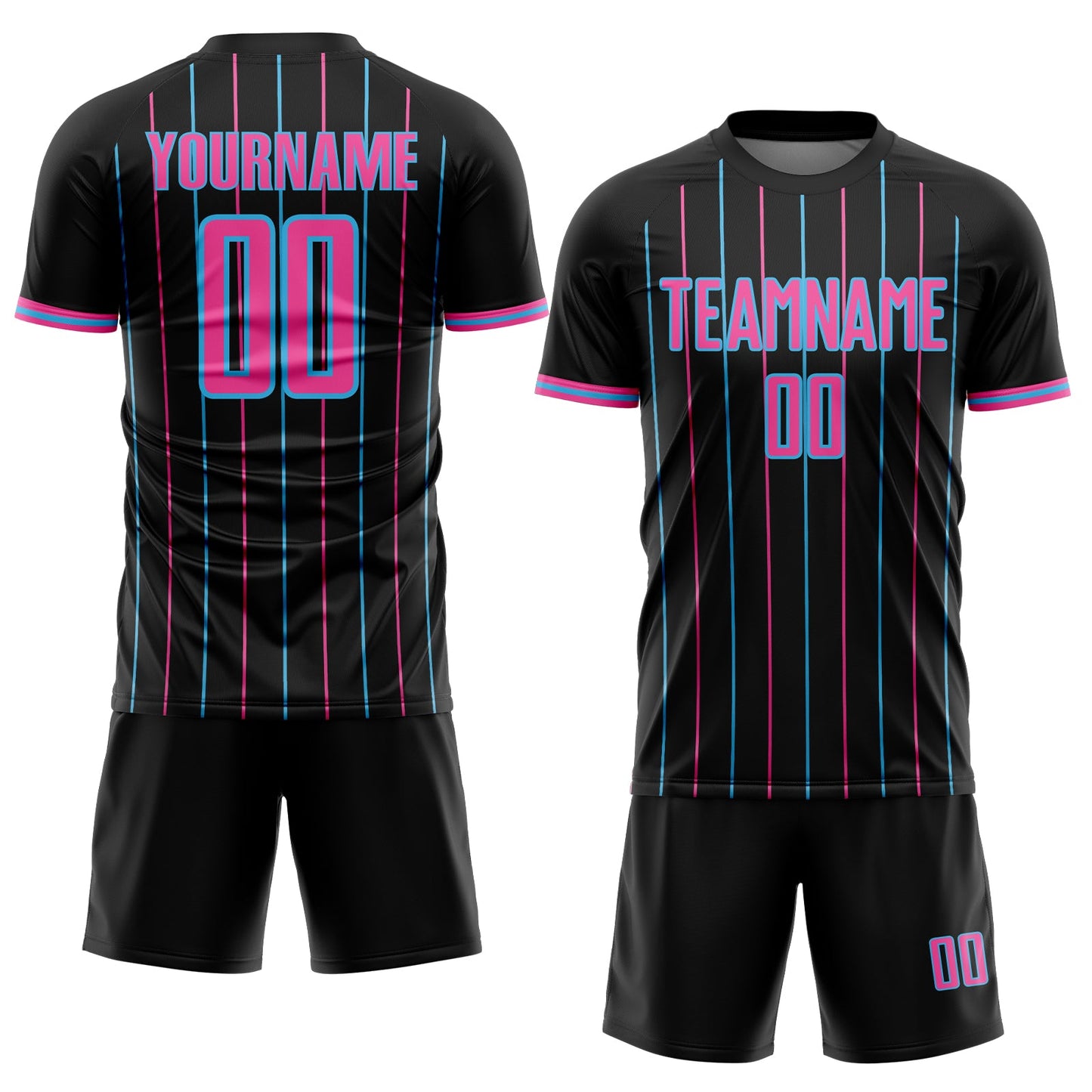Custom Black Pink-Sky Blue France Vertical Pinstripe Sublimation Soccer Uniform Jersey view 2