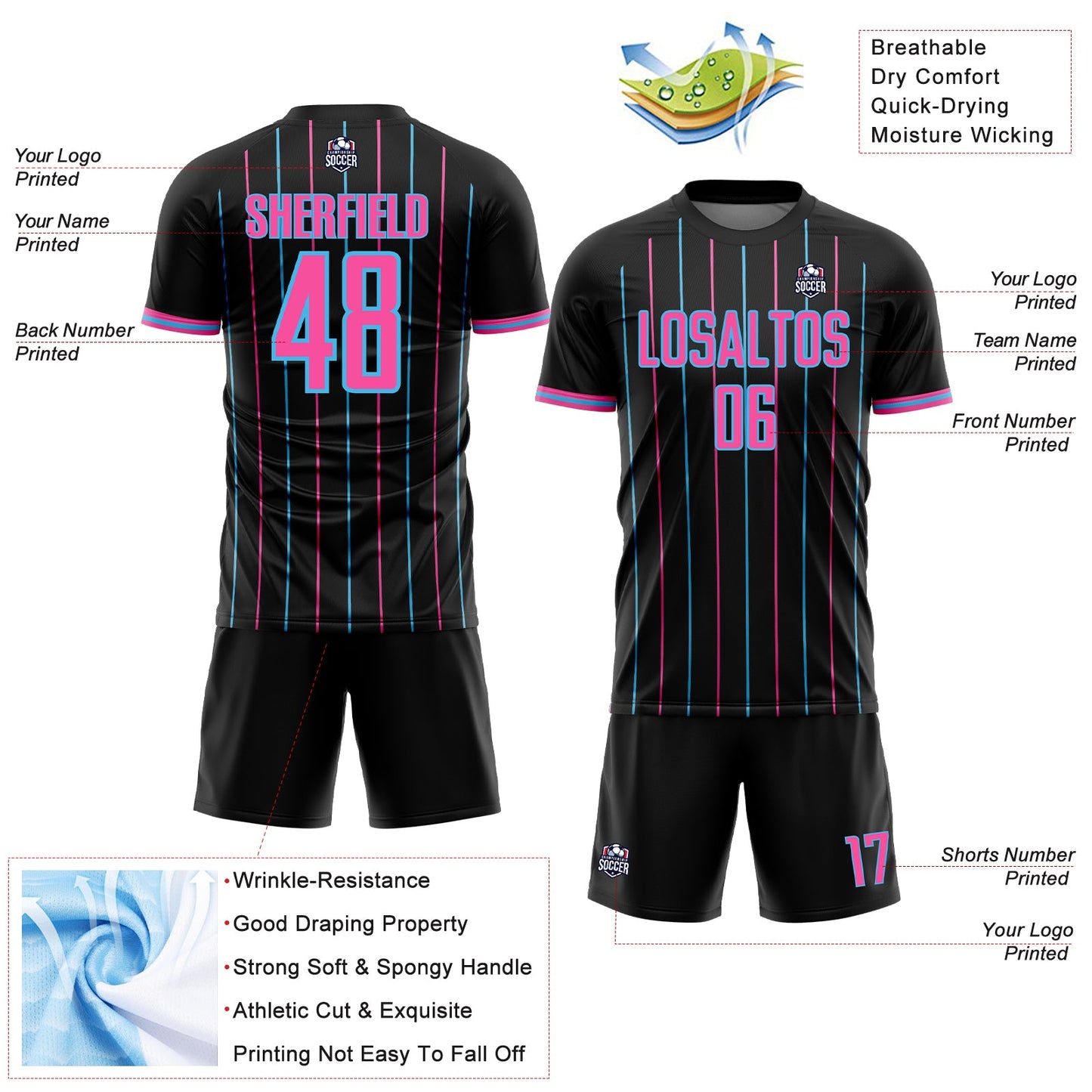 Custom Black Pink-Sky Blue France Vertical Pinstripe Sublimation Soccer Uniform Jersey view 4