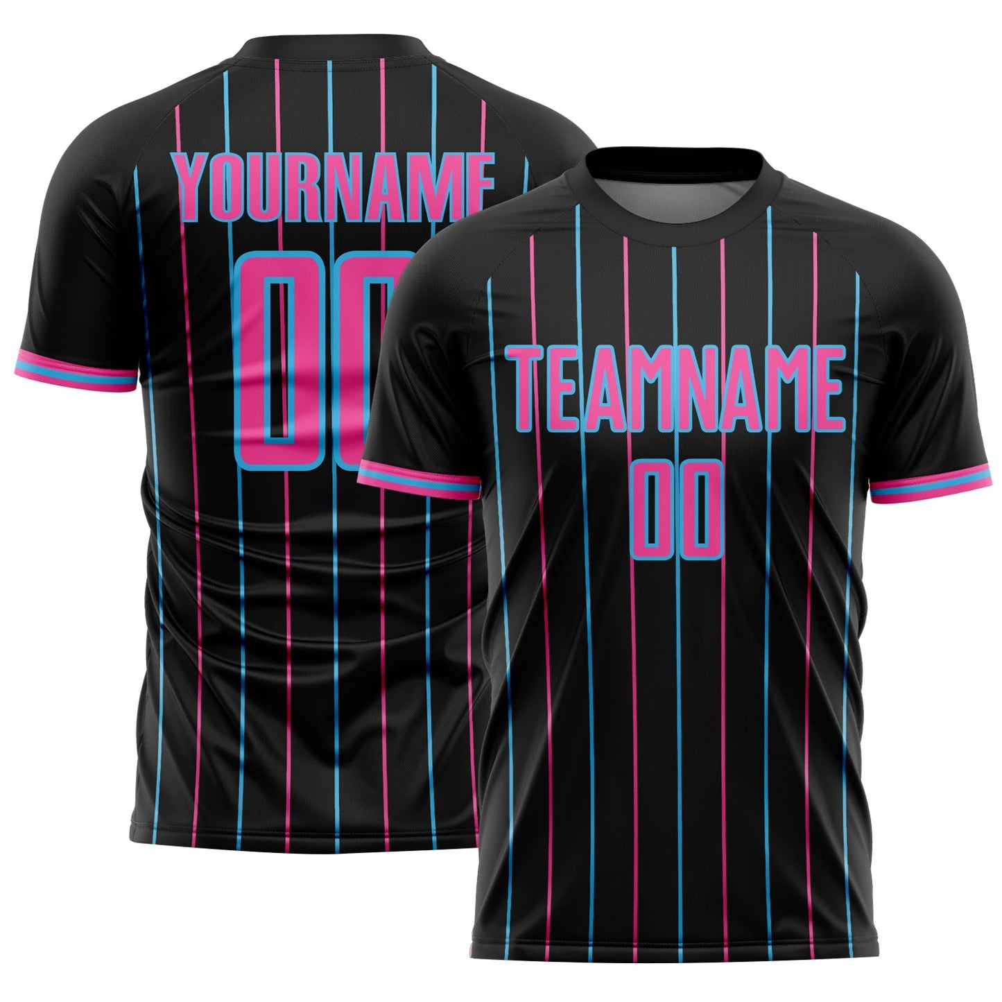 Custom Black Pink-Sky Blue France Vertical Pinstripe Sublimation Soccer Uniform Jersey - Main View