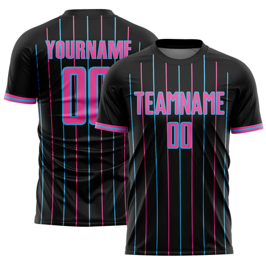 Custom Black Pink-Sky Blue France Vertical Pinstripe Sublimation Soccer Uniform Jersey - Main View
