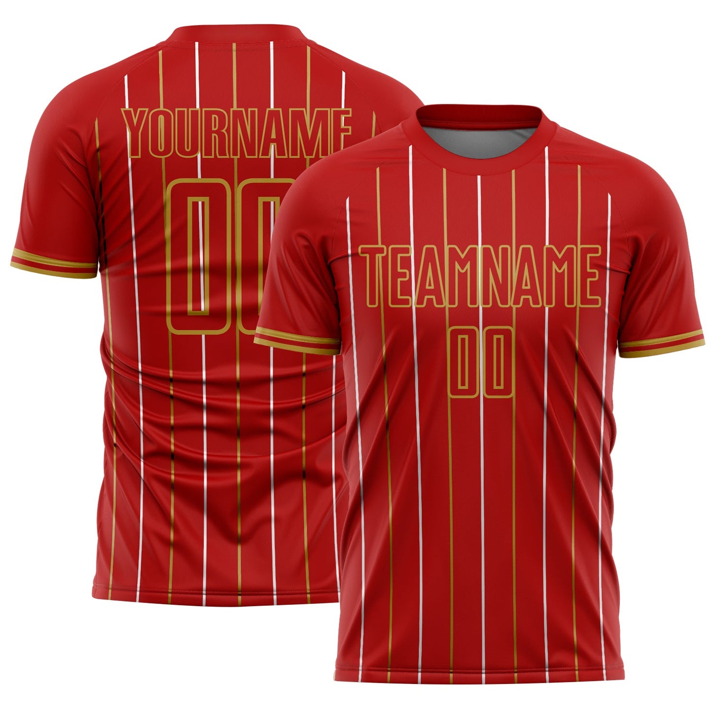 Custom Red Old Gold-White France Vertical Pinstripe Sublimation Soccer Uniform Jersey - Main View