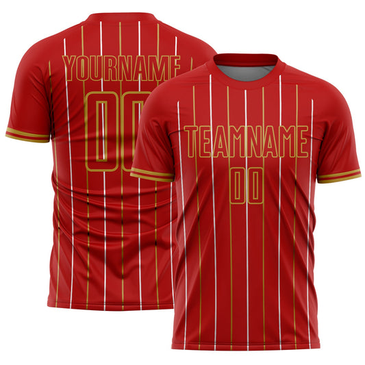 Custom Red Old Gold-White France Vertical Pinstripe Sublimation Soccer Uniform Jersey - Main View