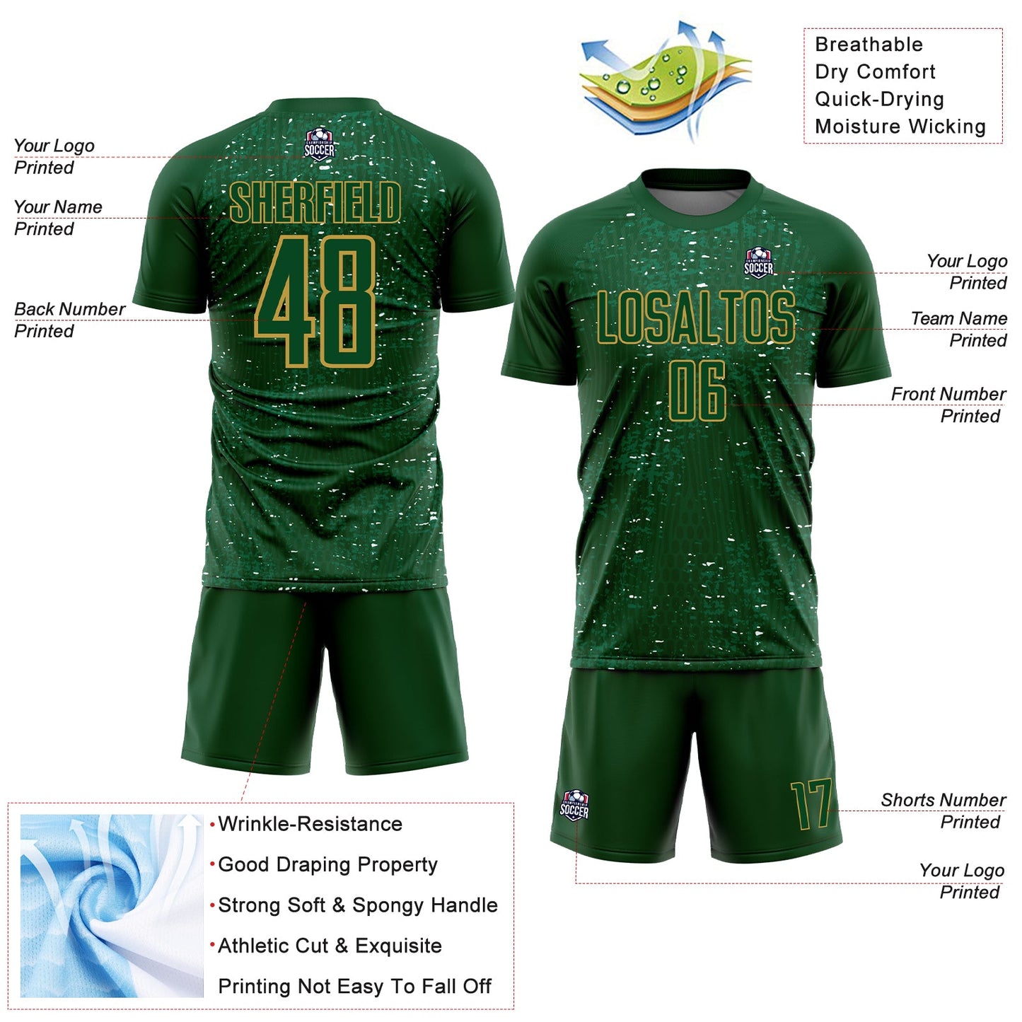 Custom Green Old Gold-Kelly Green France Speckle Sublimation Soccer Uniform Jersey view 4