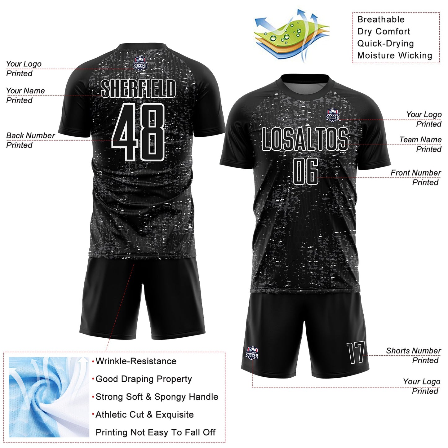 Custom Black Steel Gray-White France Speckle Sublimation Soccer Uniform Jersey view 4