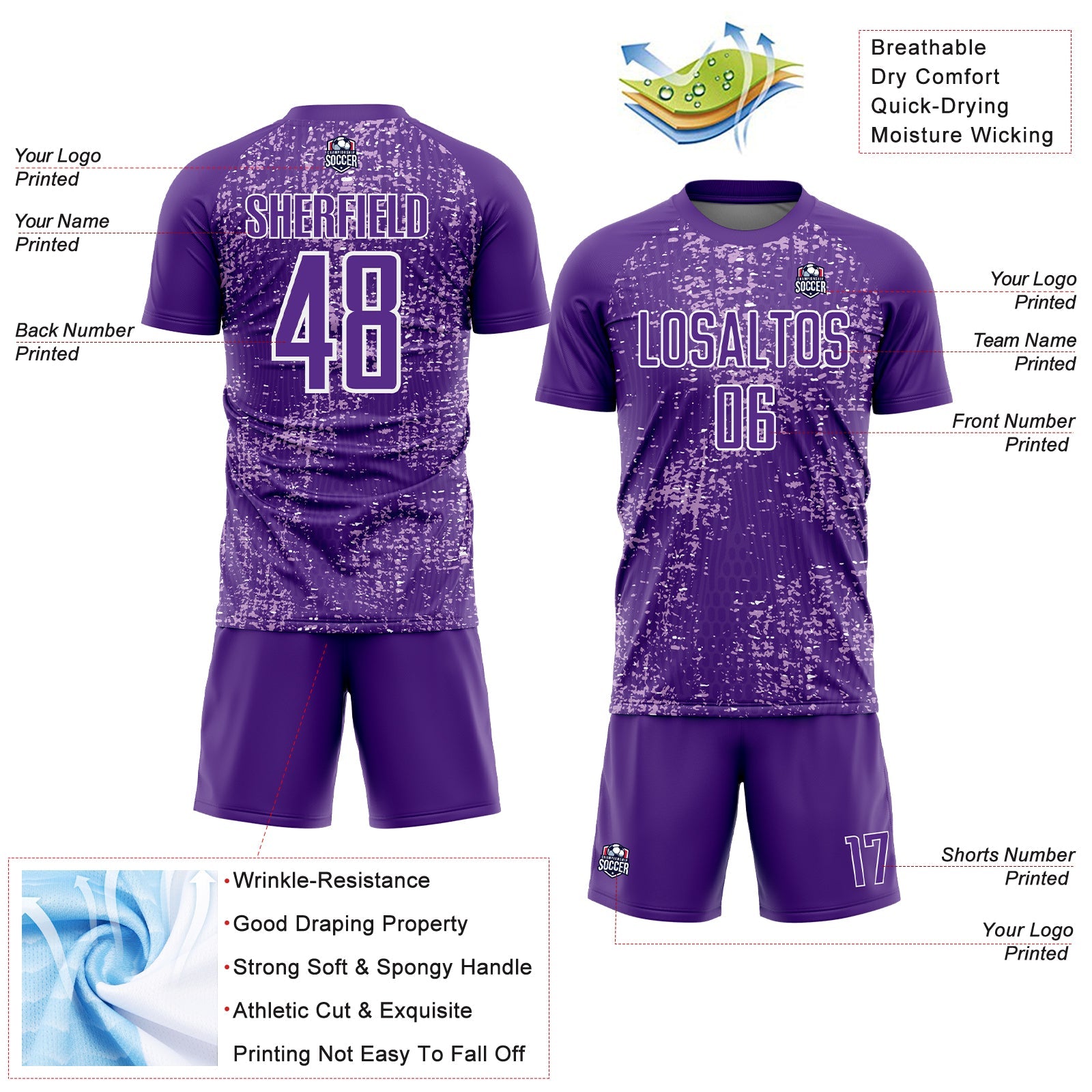 Custom Purple Light Purple-White France Speckle Sublimation Soccer Uniform Jersey view 4