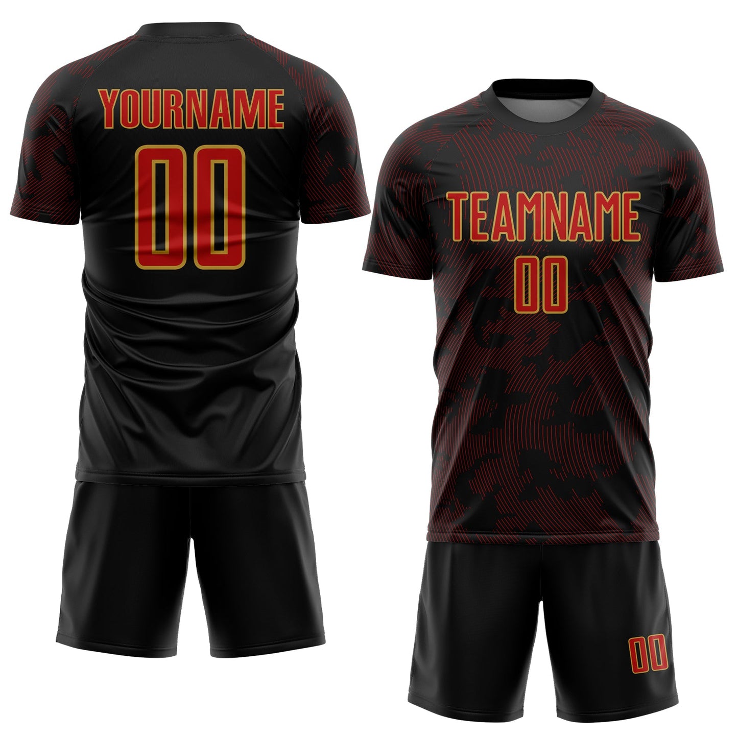 Custom Black Red-Old Gold Curve Lines Sublimation Soccer Uniform Jersey view 2