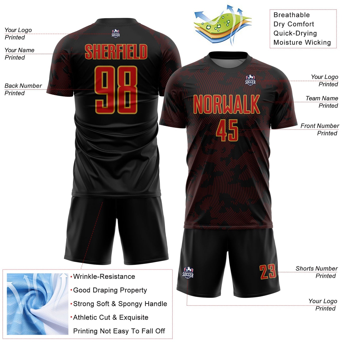 Custom Black Red-Old Gold Curve Lines Sublimation Soccer Uniform Jersey view 4