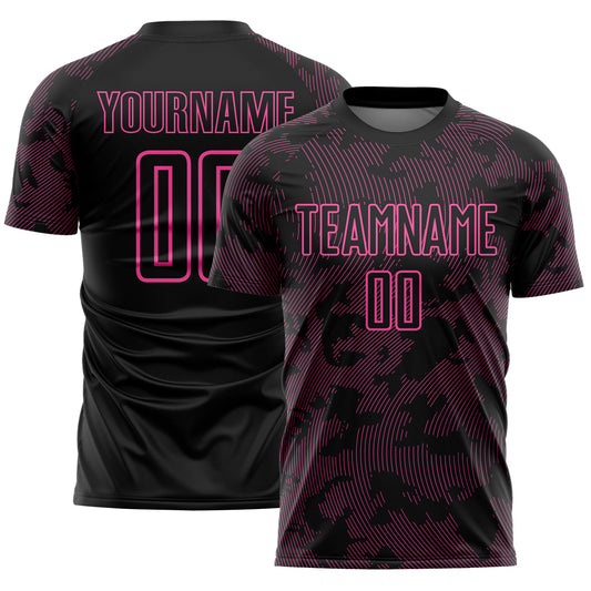 Custom Black-Pink Curve Lines Sublimation Soccer Uniform Jersey - Main View