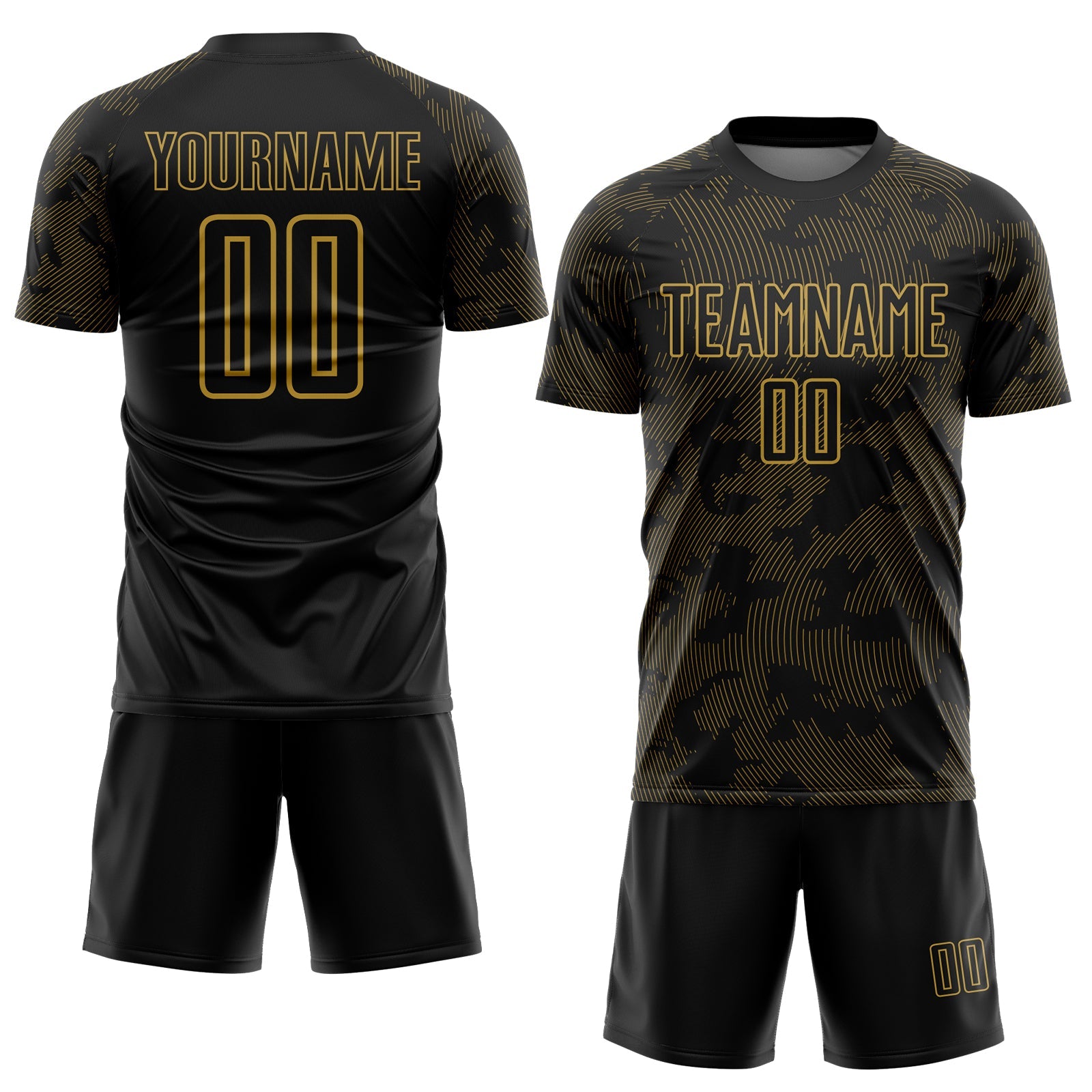 Custom Black-Old Gold Curve Lines Sublimation Soccer Uniform Jersey view 2