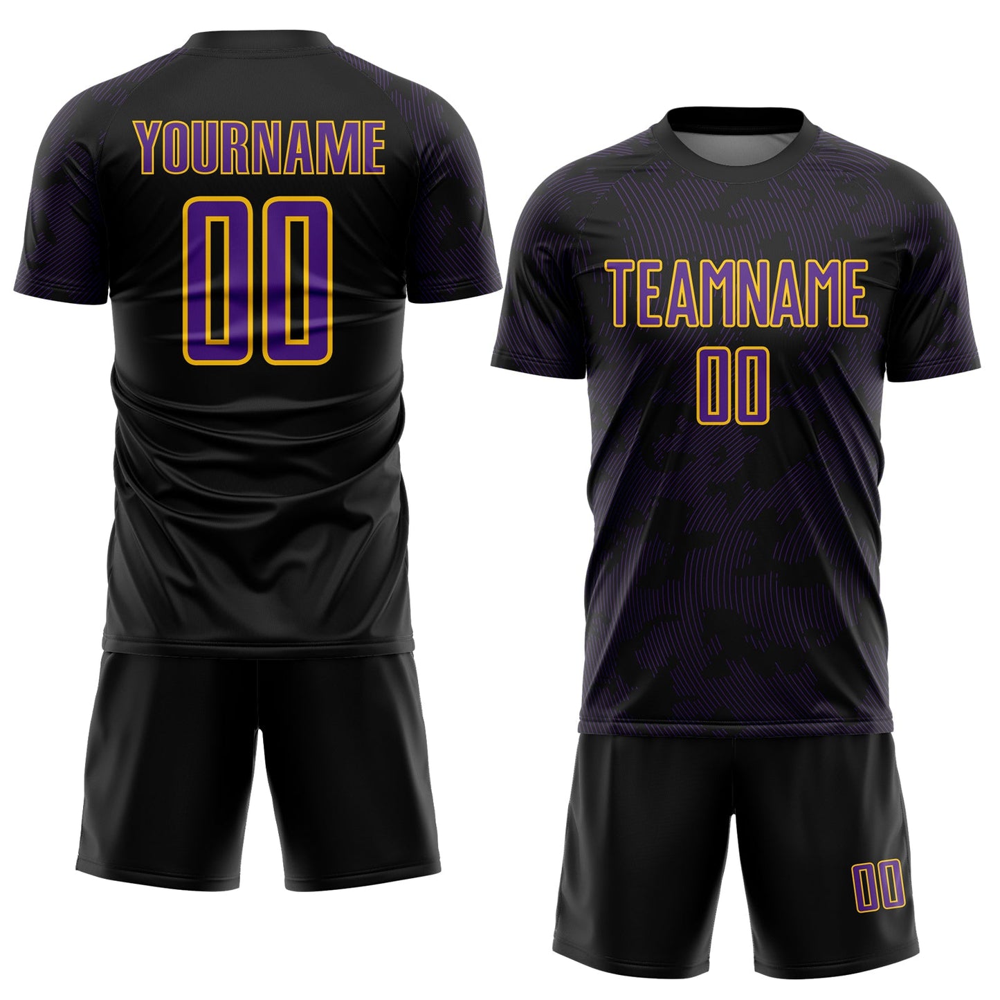 Custom Black Purple-Yellow Curve Lines Sublimation Soccer Uniform Jersey view 2