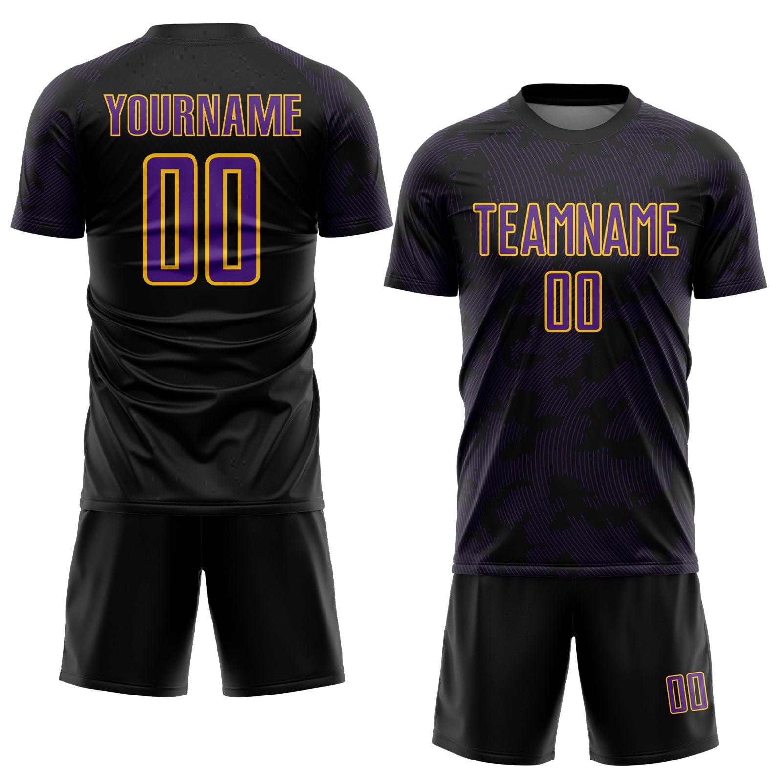 Custom Black Purple-Yellow Curve Lines Sublimation Soccer Uniform Jersey view 2
