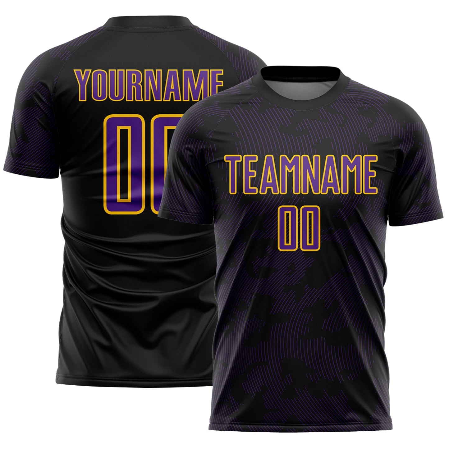 Custom Black Purple-Yellow Curve Lines Sublimation Soccer Uniform Jersey - Main View
