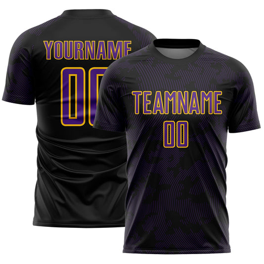 Custom Black Purple-Yellow Curve Lines Sublimation Soccer Uniform Jersey - Main View