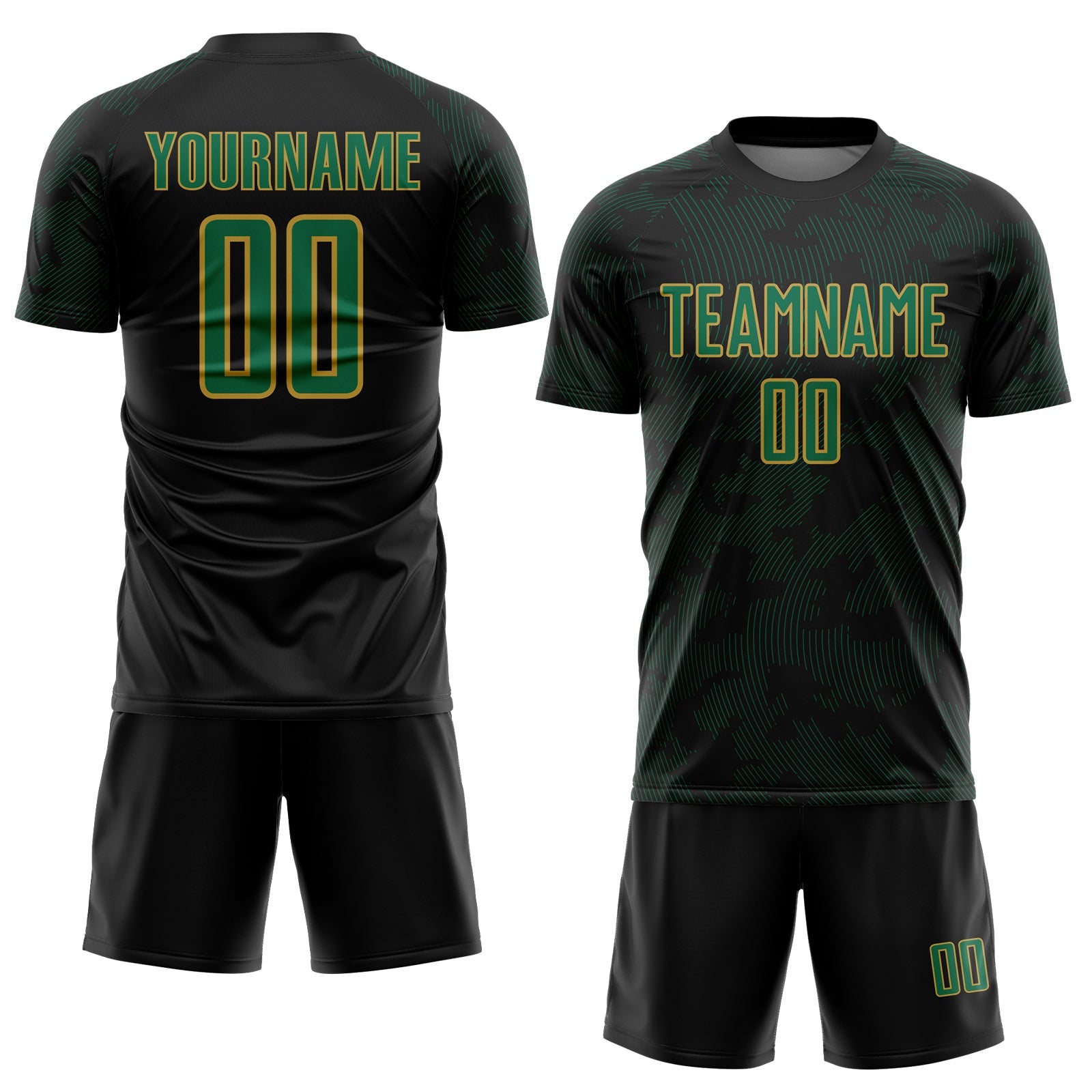 Custom Black Kelly Green-Old Gold Curve Lines Sublimation Soccer Uniform Jersey view 2