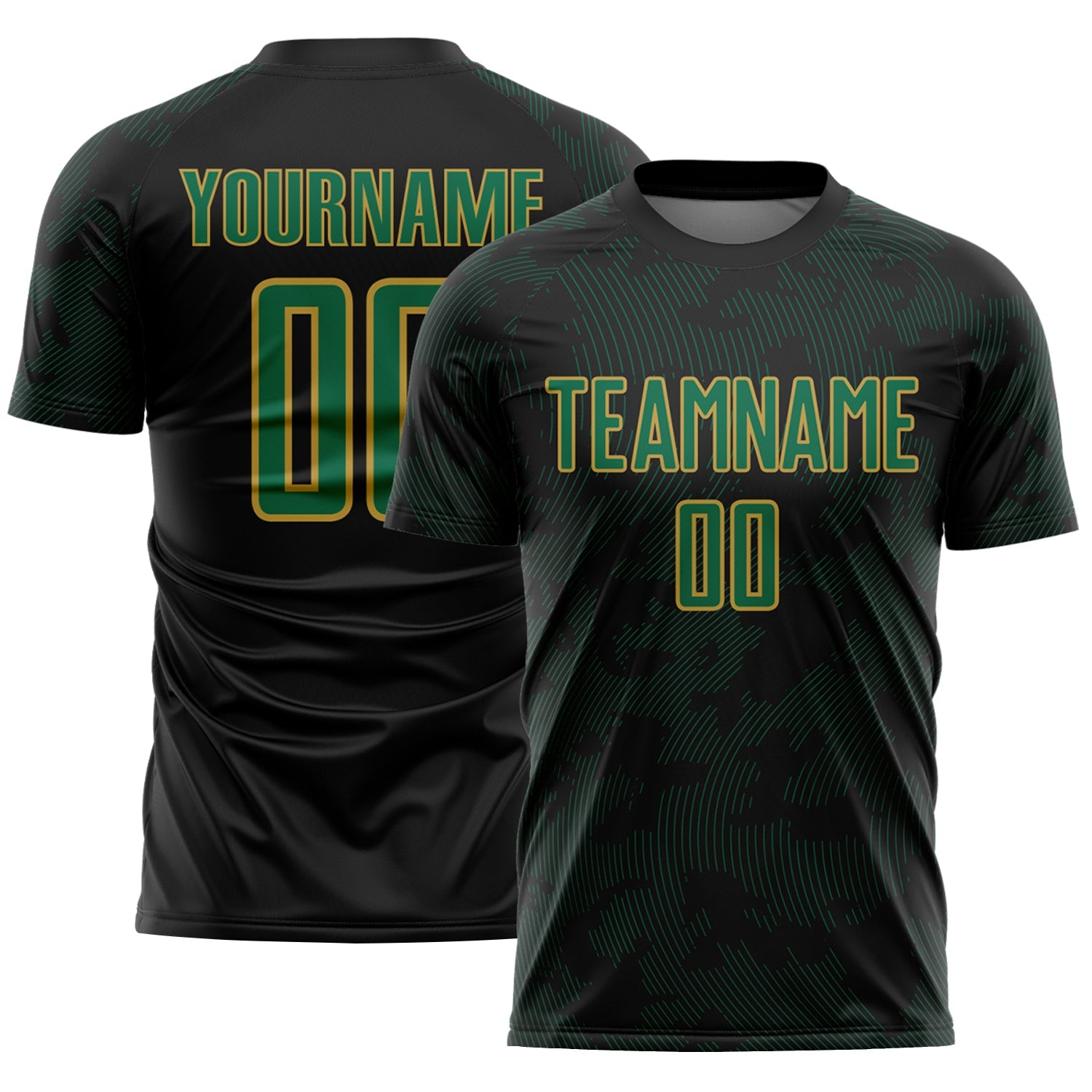 Custom Black Kelly Green-Old Gold Curve Lines Sublimation Soccer Uniform Jersey - Main View