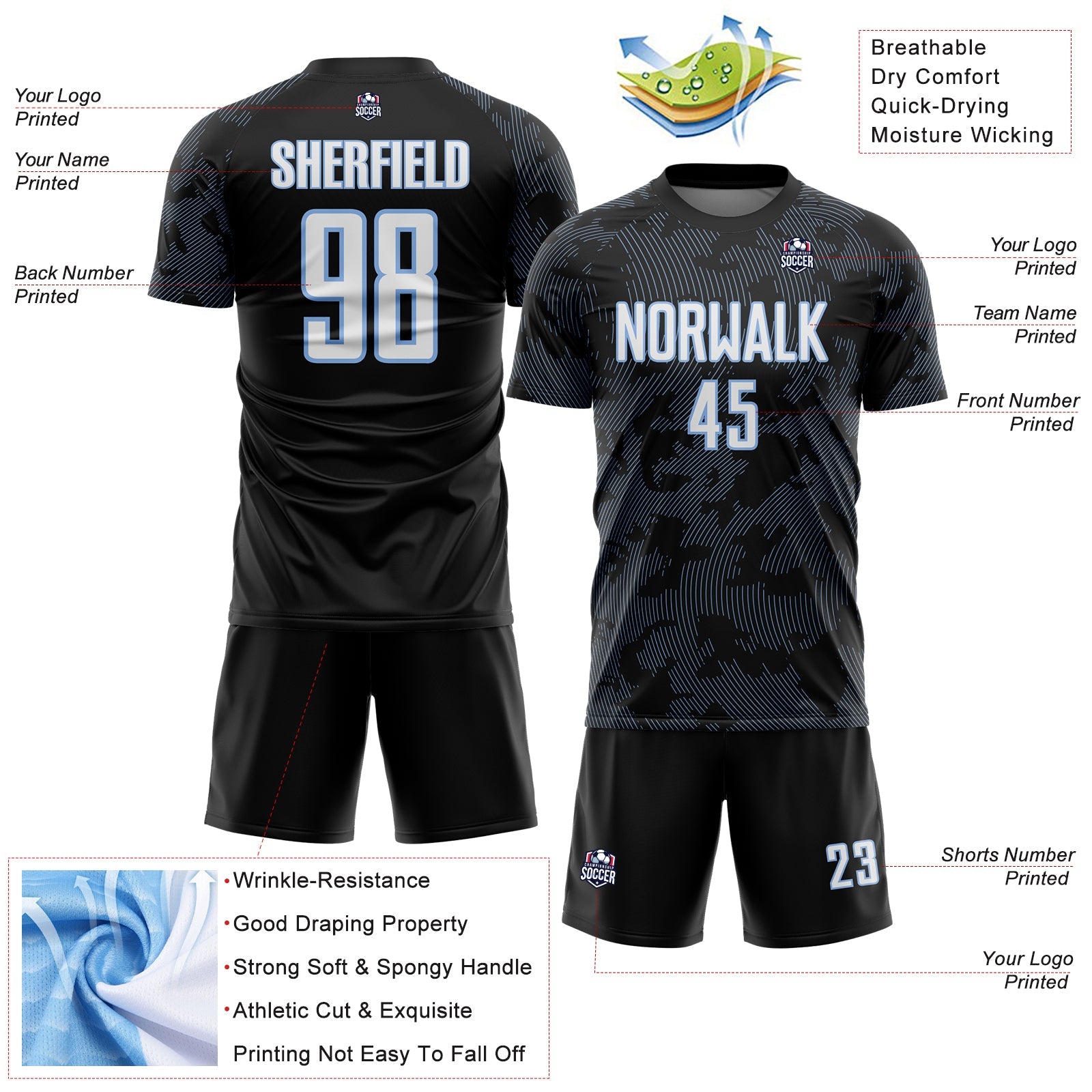 Custom Black White-Light Blue Curve Lines Sublimation Soccer Uniform Jersey view 4