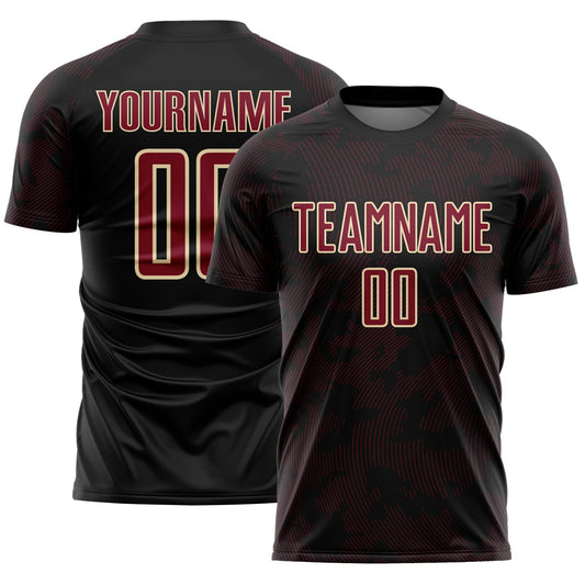 Custom Black Crimson-Cream Curve Lines Sublimation Soccer Uniform Jersey - Main View