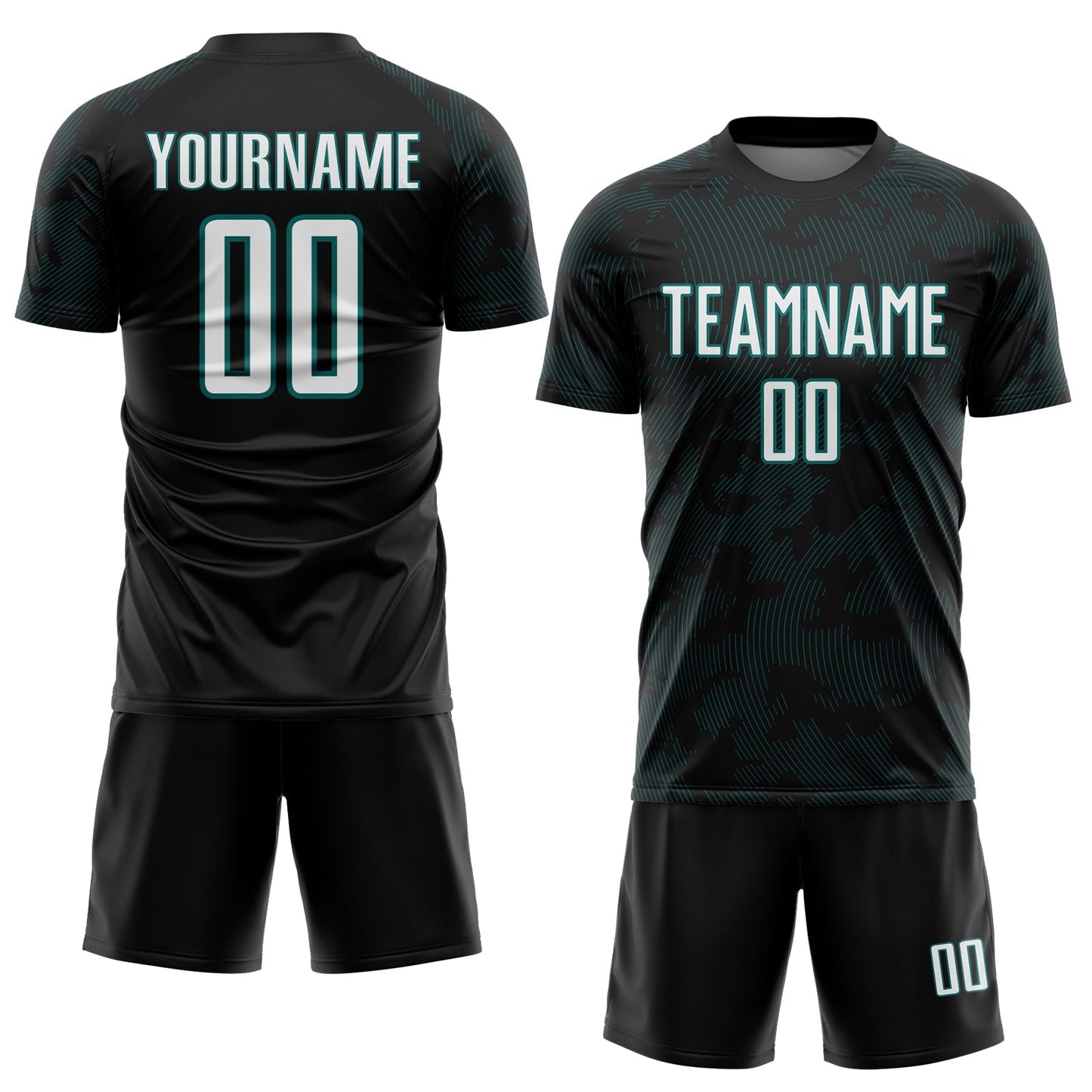 Custom Black White-Teal Curve Lines Sublimation Soccer Uniform Jersey view 2