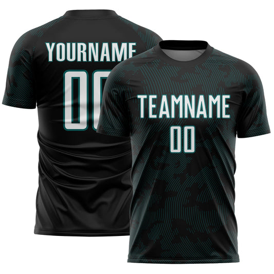Custom Black White-Teal Curve Lines Sublimation Soccer Uniform Jersey - Main View