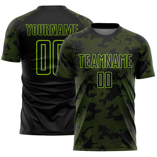 Custom Black-Neon Green Curve Lines Sublimation Soccer Uniform Jersey - Main View