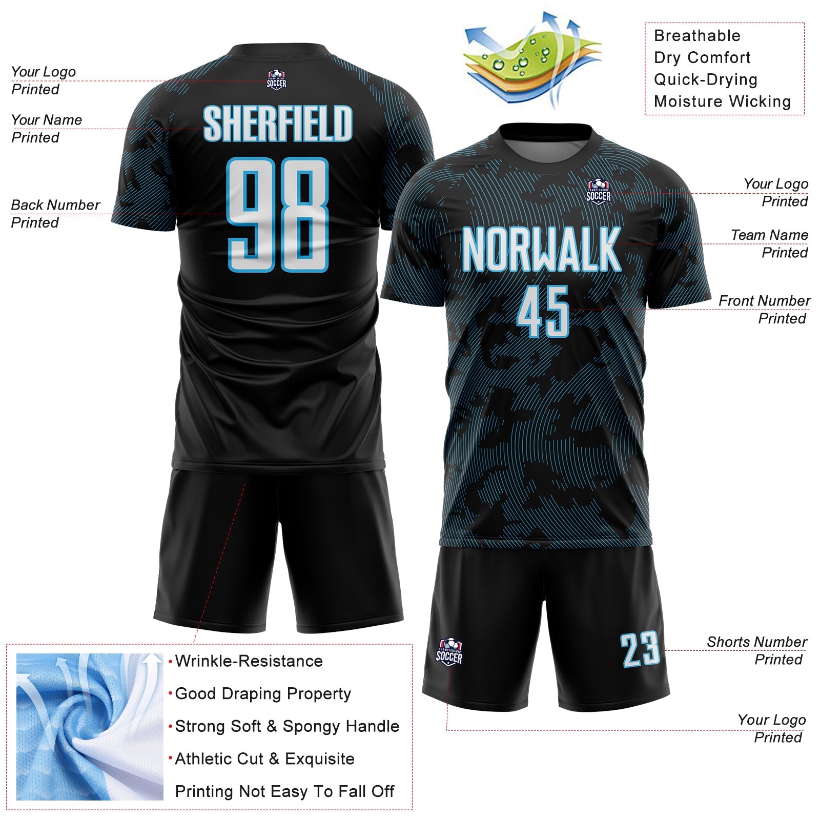 Custom Black White-Sky Blue Curve Lines Sublimation Soccer Uniform Jersey view 4