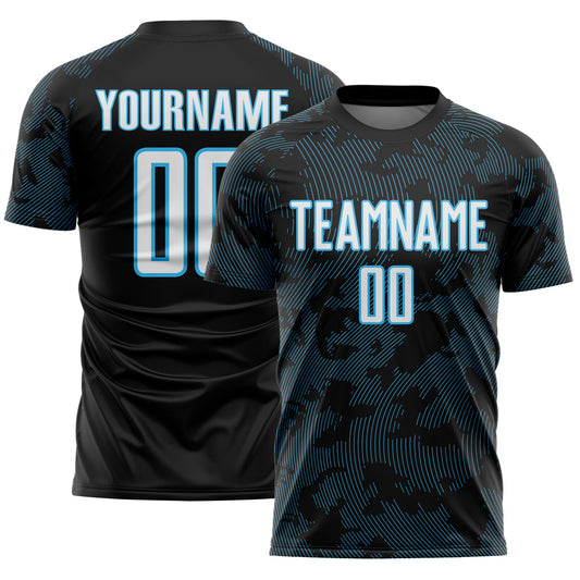Custom Black White-Sky Blue Curve Lines Sublimation Soccer Uniform Jersey - Main View