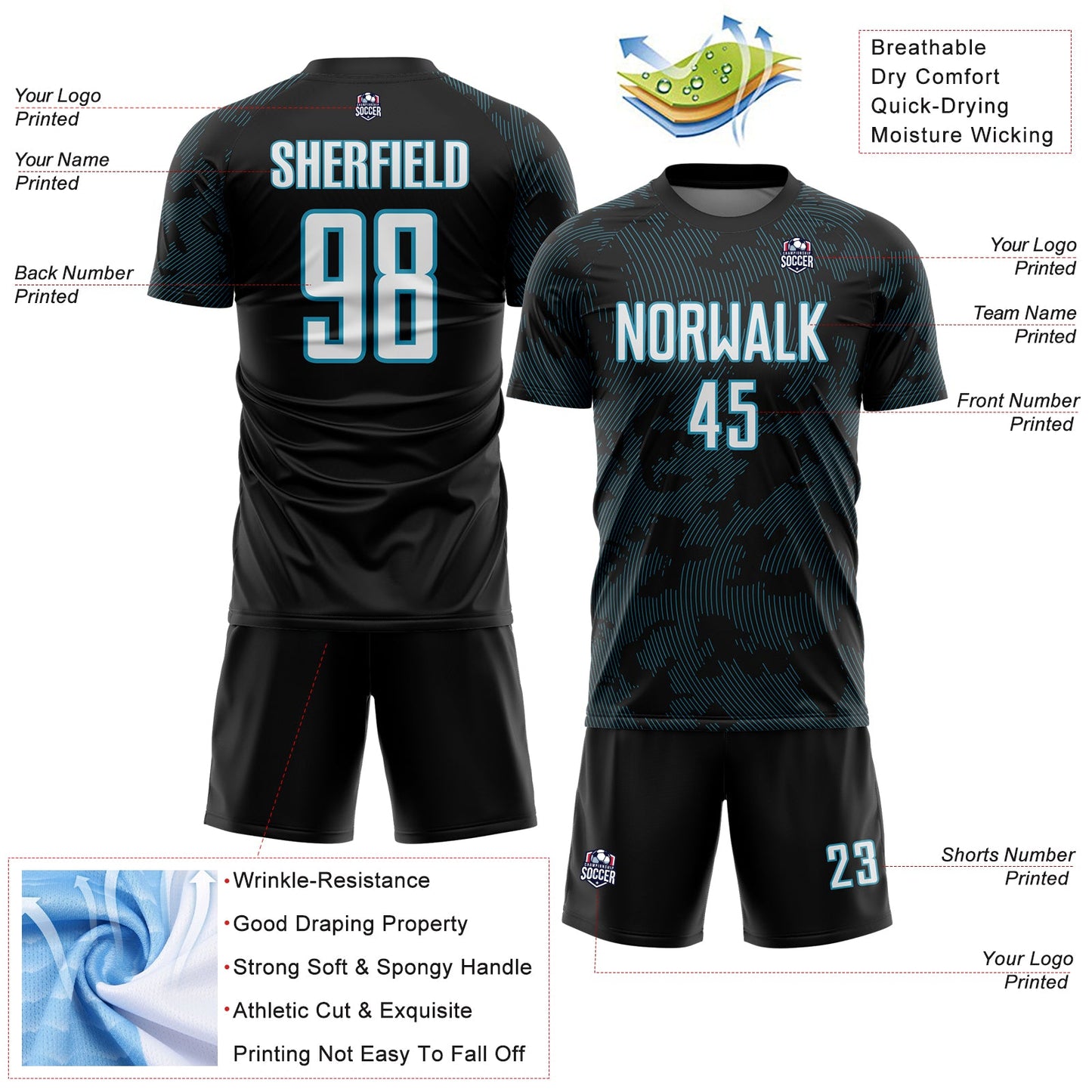 Custom Black White-Panther Blue Curve Lines Sublimation Soccer Uniform Jersey view 4