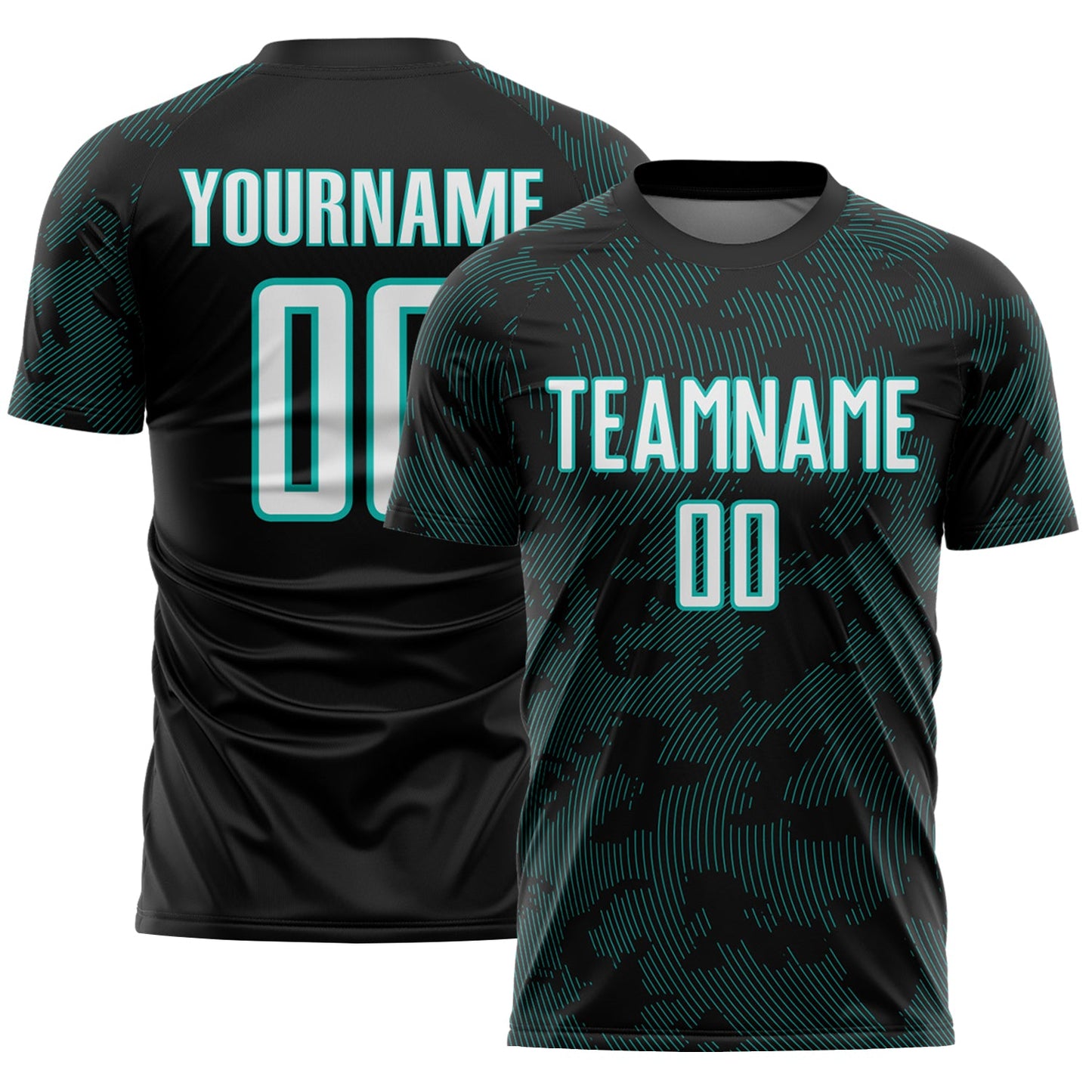 Custom Black White-Aqua Curve Lines Sublimation Soccer Uniform Jersey - Main View